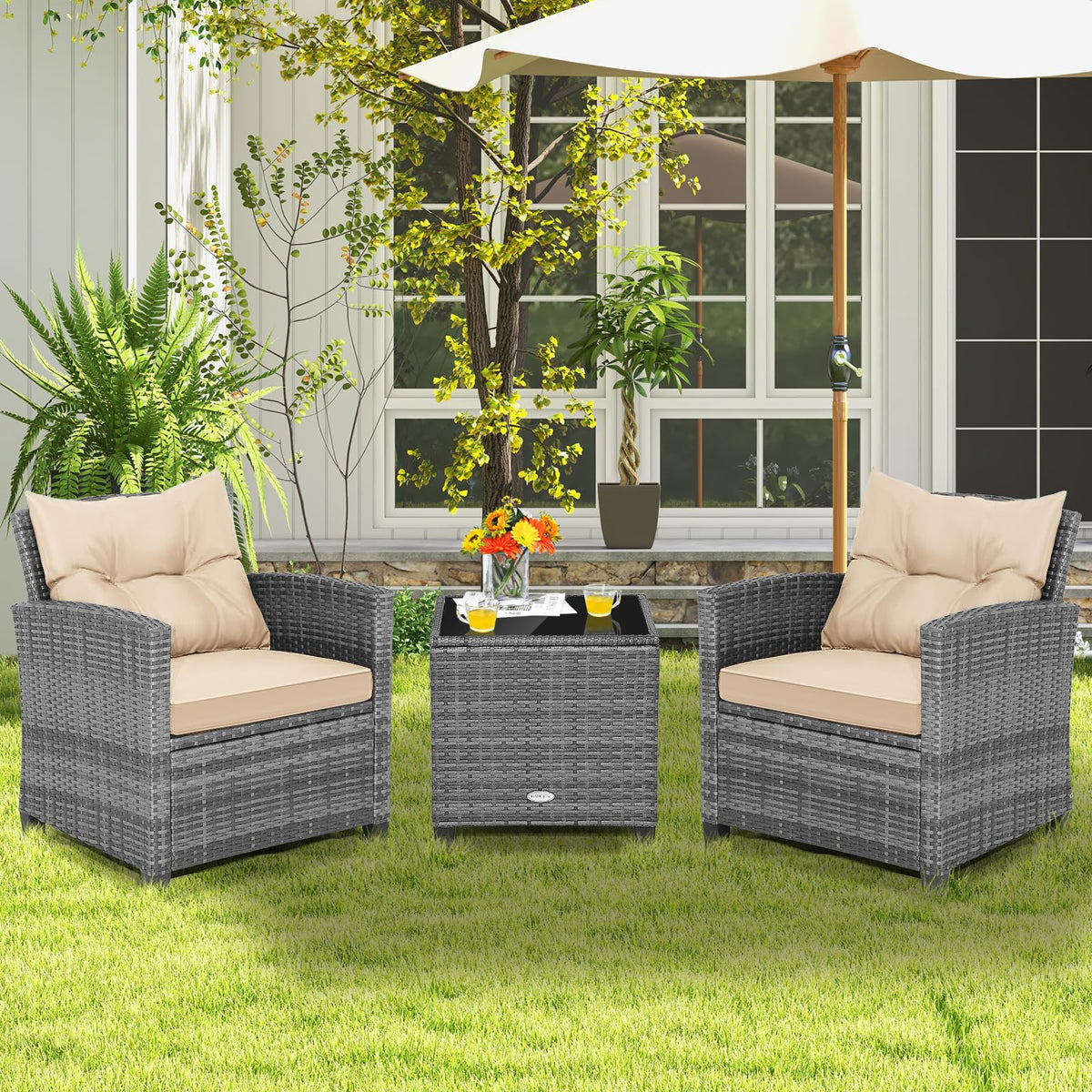 3 Pieces Wicker Patio Furniture Set, Outdoor Rattan Conversation Cushioned Chair Set with Tempered Glass Side Table