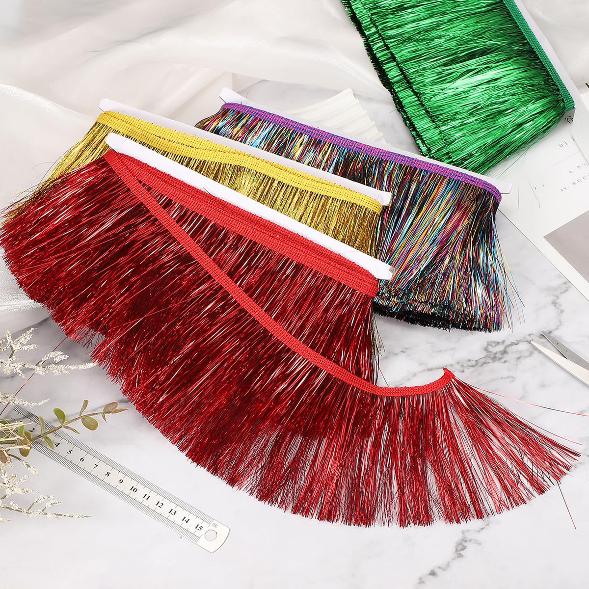 4 Inch Shiny Tinsel Fringe Trim, Sparkling Metallic Fringe Trims Garland Tinsel Streamer for DIY Latin - 5.5 Yard
