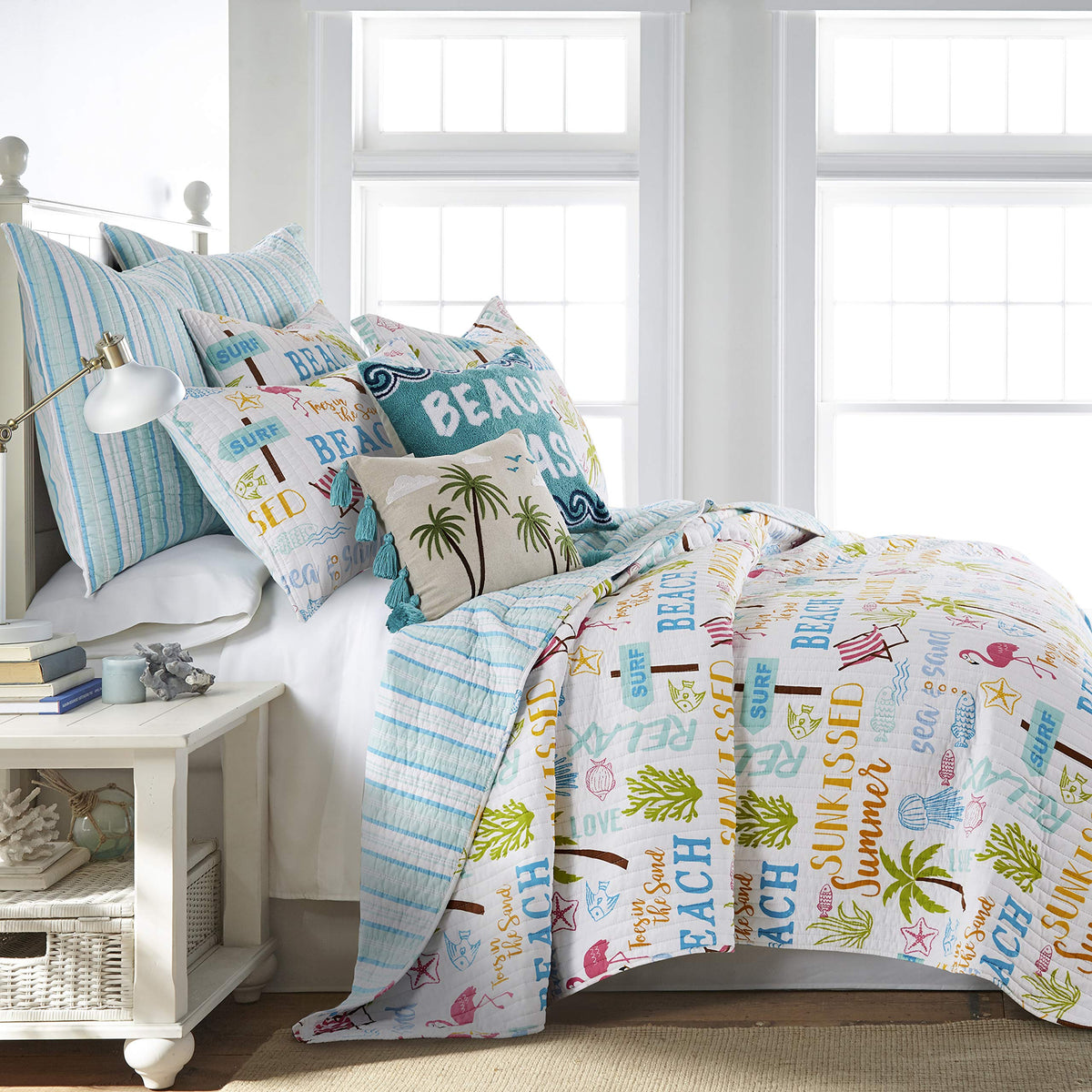 By - Beach Days Quilt Set - Queen Quilt (88x92in.) + Two Standard Pillow Shams (26x20in.) - Coastal Beach - Teal Blue