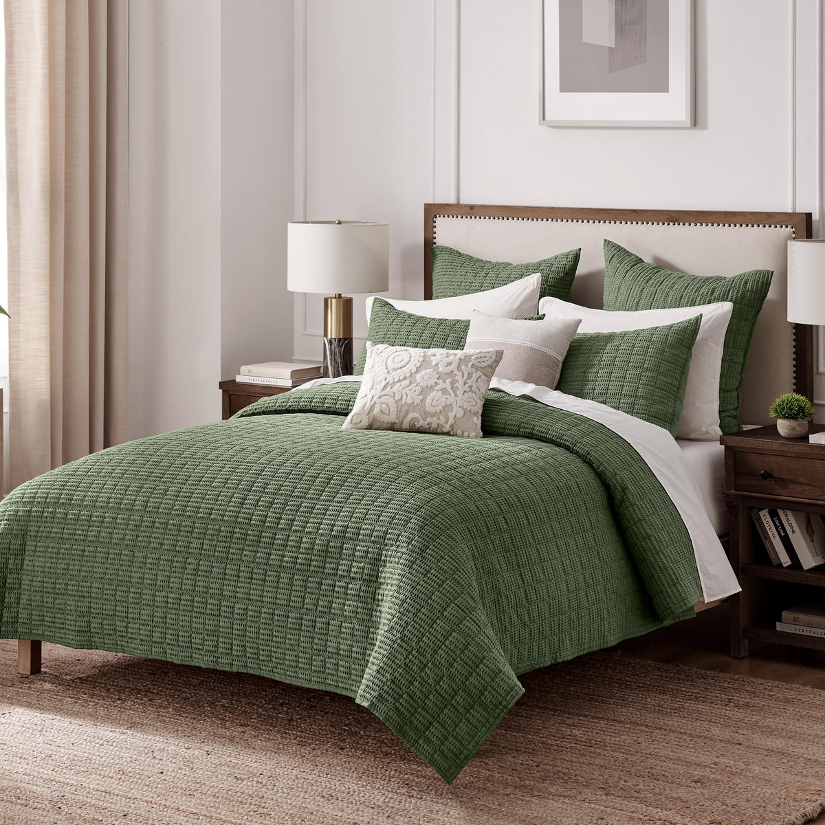 Cloud Waffle Quilt Set (88x92in) and 2 Pillow Shams (26x20in) - Box Quilted Waffle Texture - Forest Green