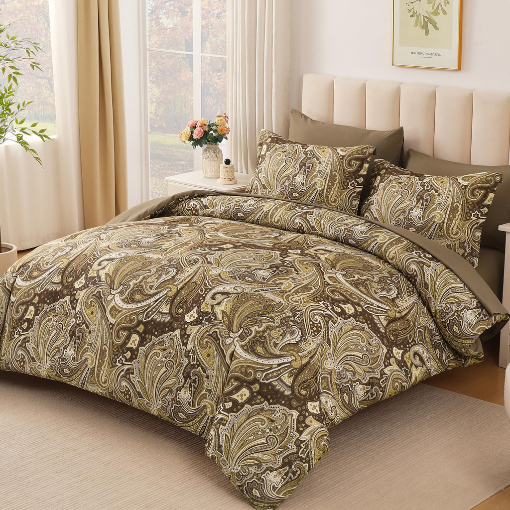 Brown Paisley Comforter Set Queen Size 7 Piece Bed in a Bag