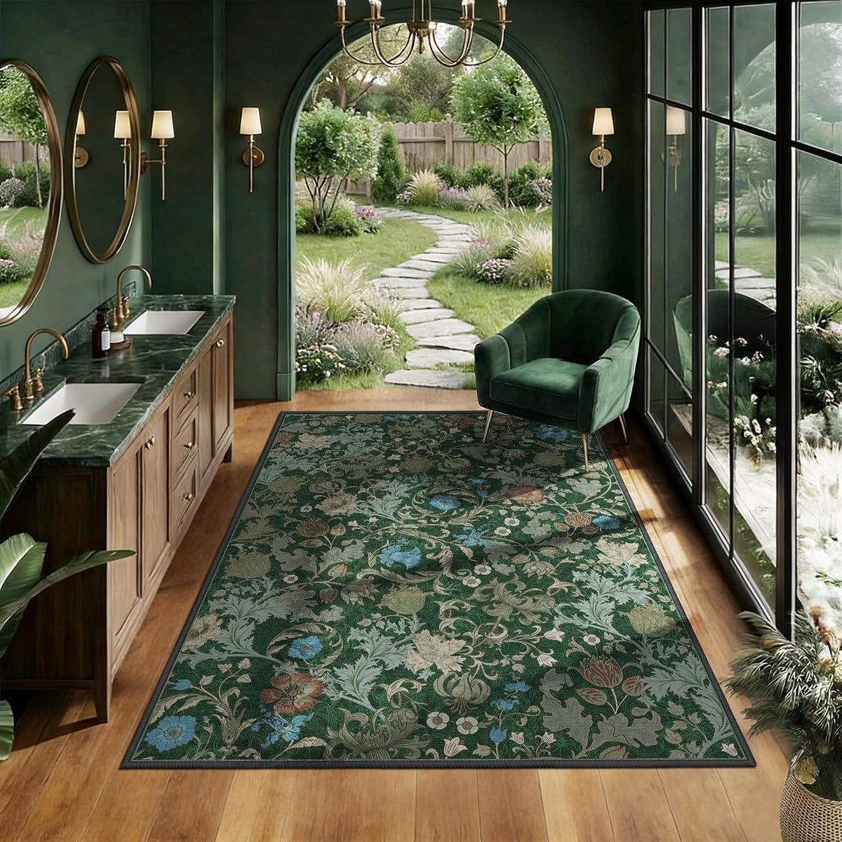 Floral Rug, Washable Rug Non Slip, Forest Green