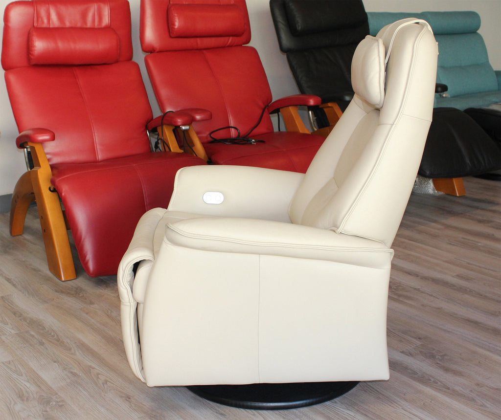 Small Power Recline Swivel Swing Relaxer Recliner Chair in Safari Astro Line Premium Leather