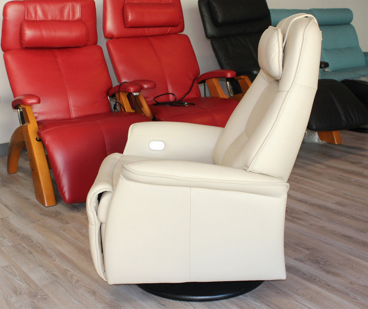 Small Power Recline Swivel Swing Relaxer Recliner Chair in Safari Astro Line Premium Leather