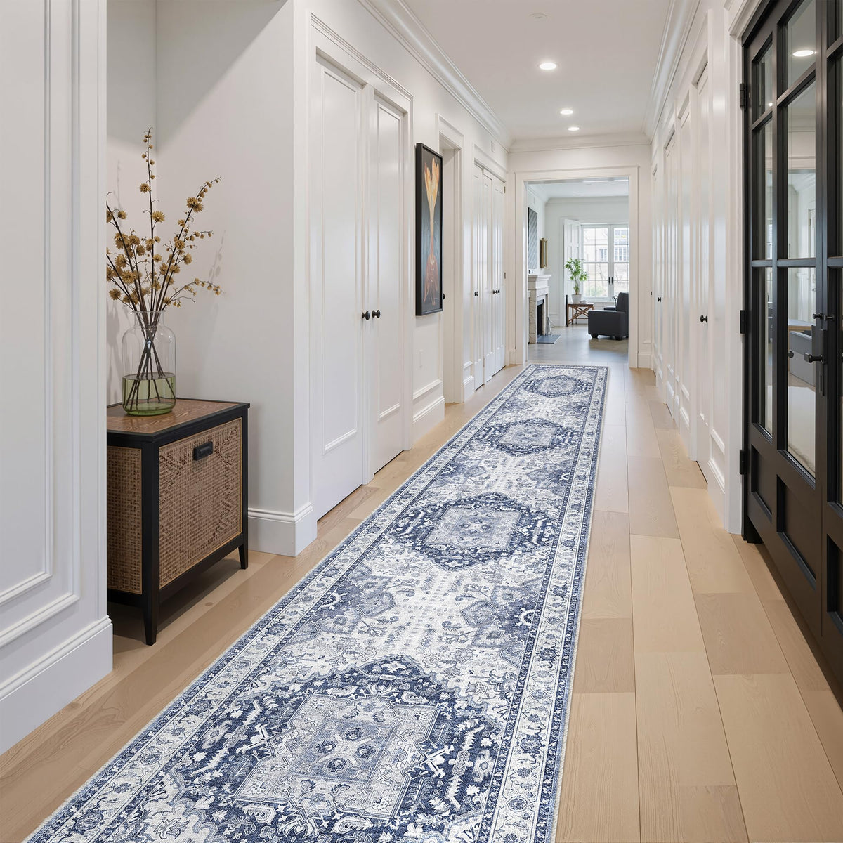 Washable 2.6x16 Runner Rug, Non Slip Long Hallway Runner Navy/Blue