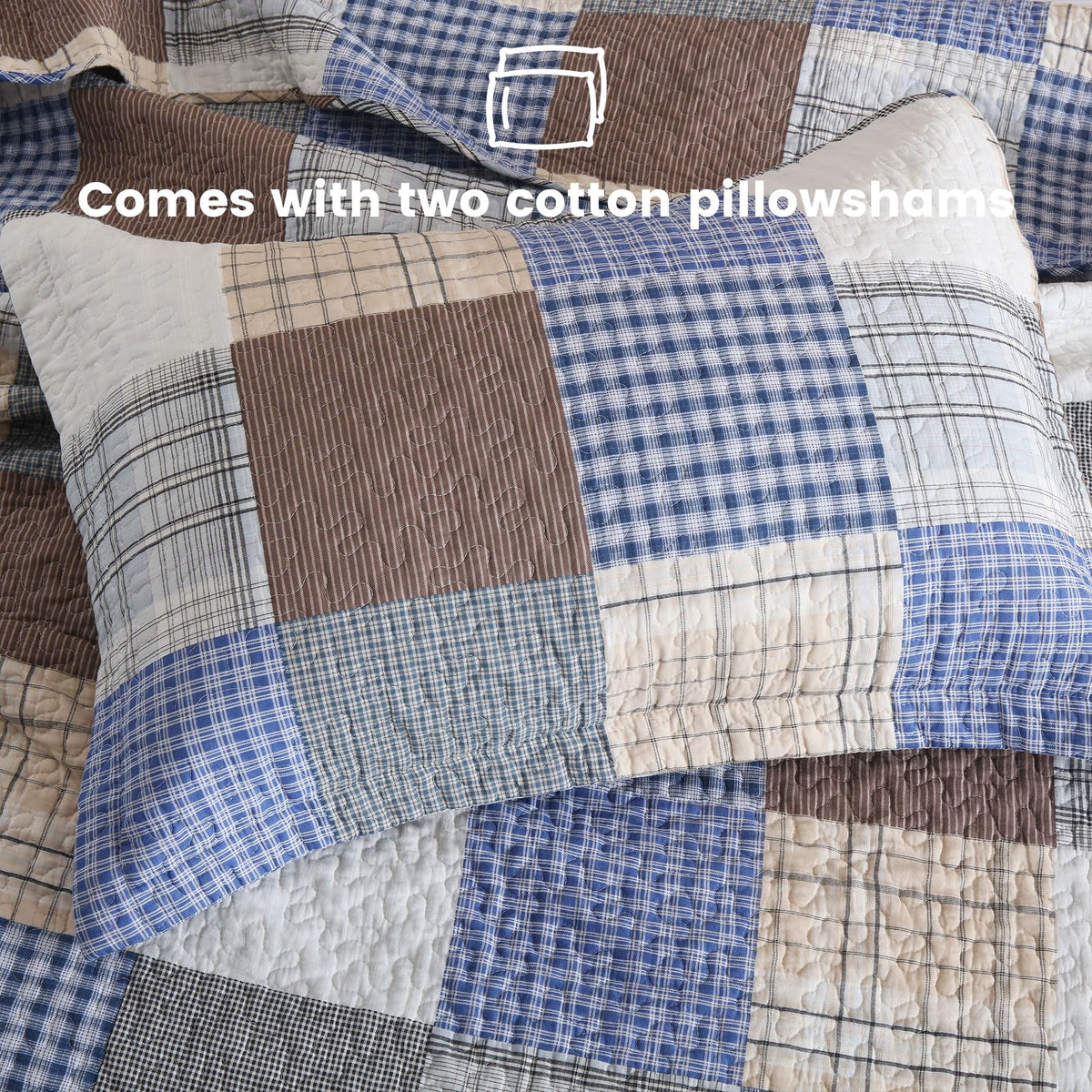 Comforter Set- 100% Cotton Quilt Set, Bule, Plaid bedspreads (96 * 108 Inch) with 2 Pillow Shams