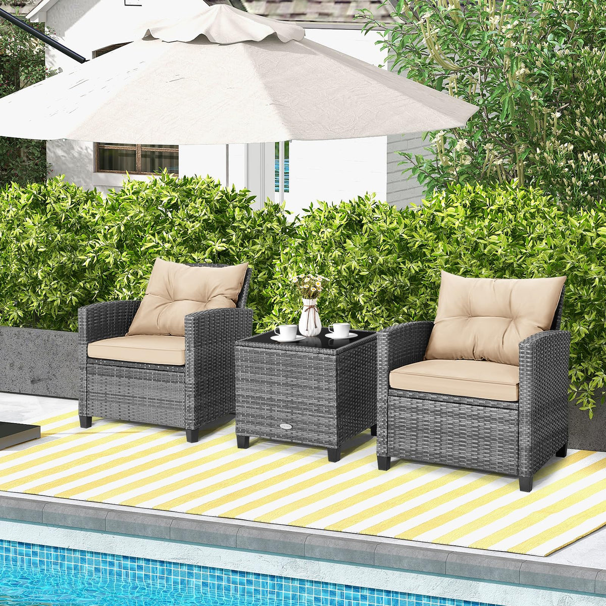 3 Pieces Wicker Patio Furniture Set, Outdoor Rattan Conversation Cushioned Chair Set with Tempered Glass Side Table