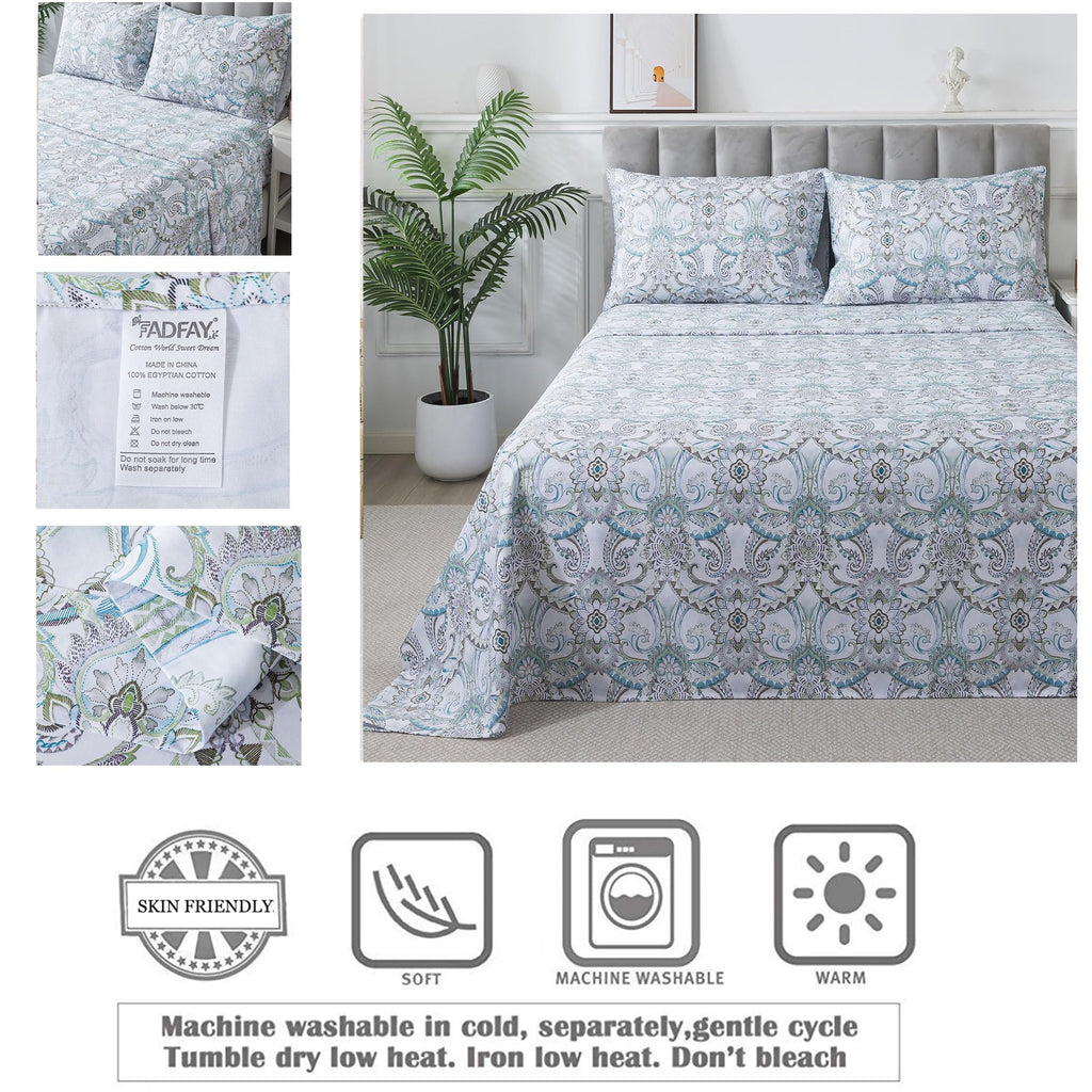 Blue Paisley Sheets Set Full Classic Boho Paisley Bedding Luxurious Bohemian Damask Paisley Bed Sheet Breathable 100%