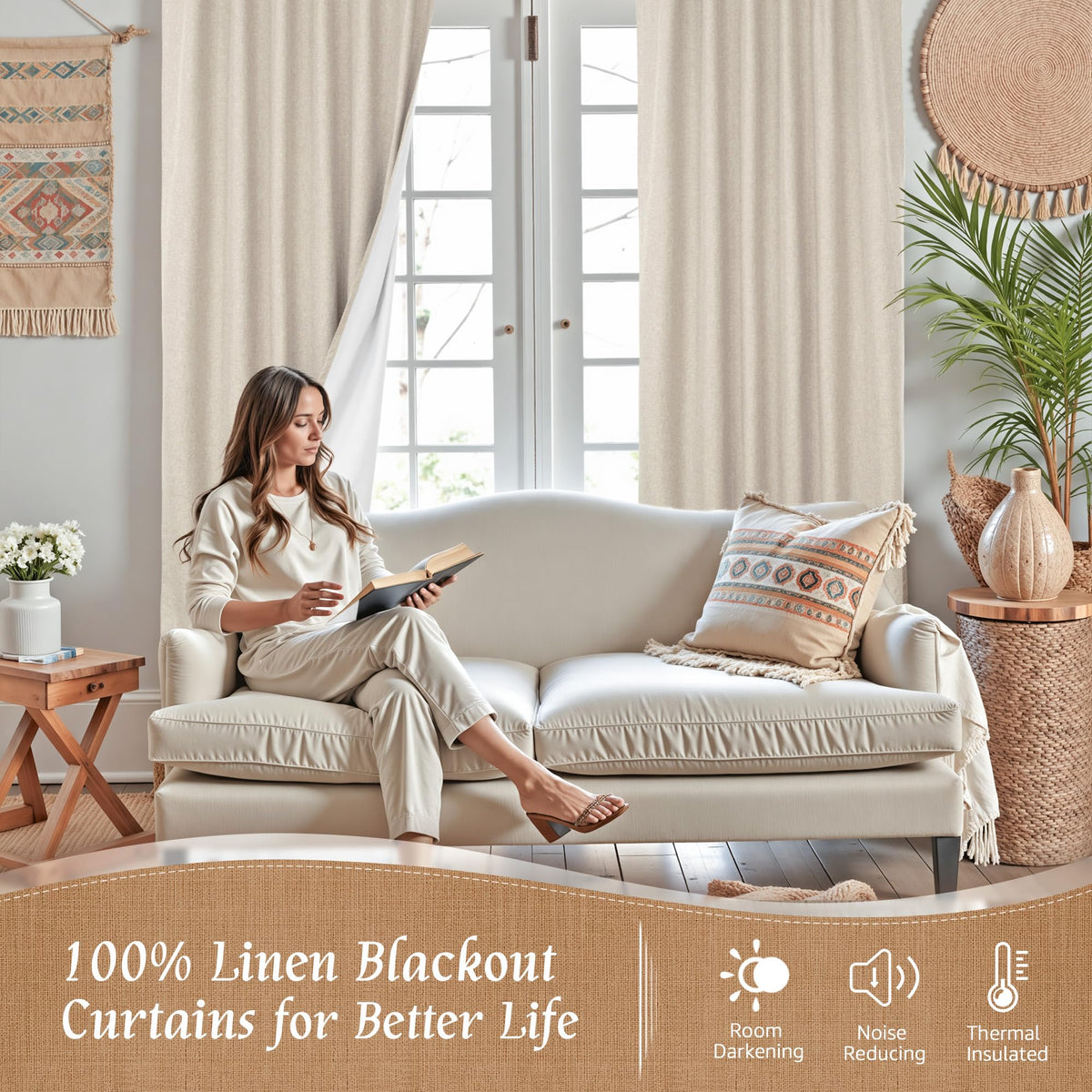 100% Blackout Linen Bedroom Curtains 63 Inches Long 2 Panels