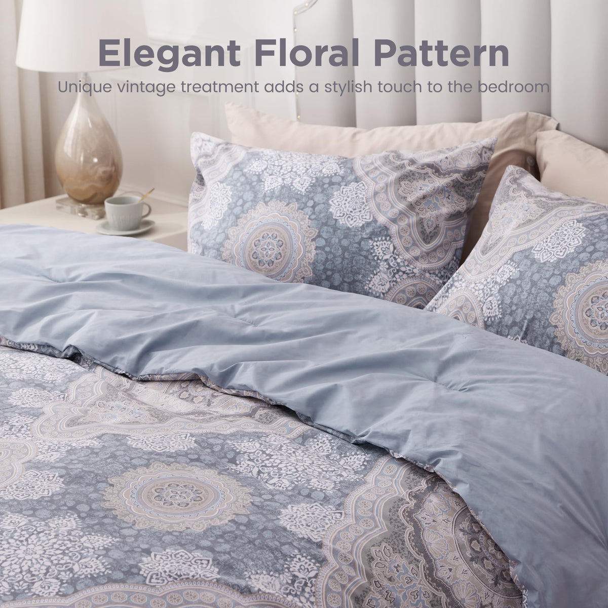 Cotton, Damask, King Comforter Set, 3 PCS, Foggy Blue