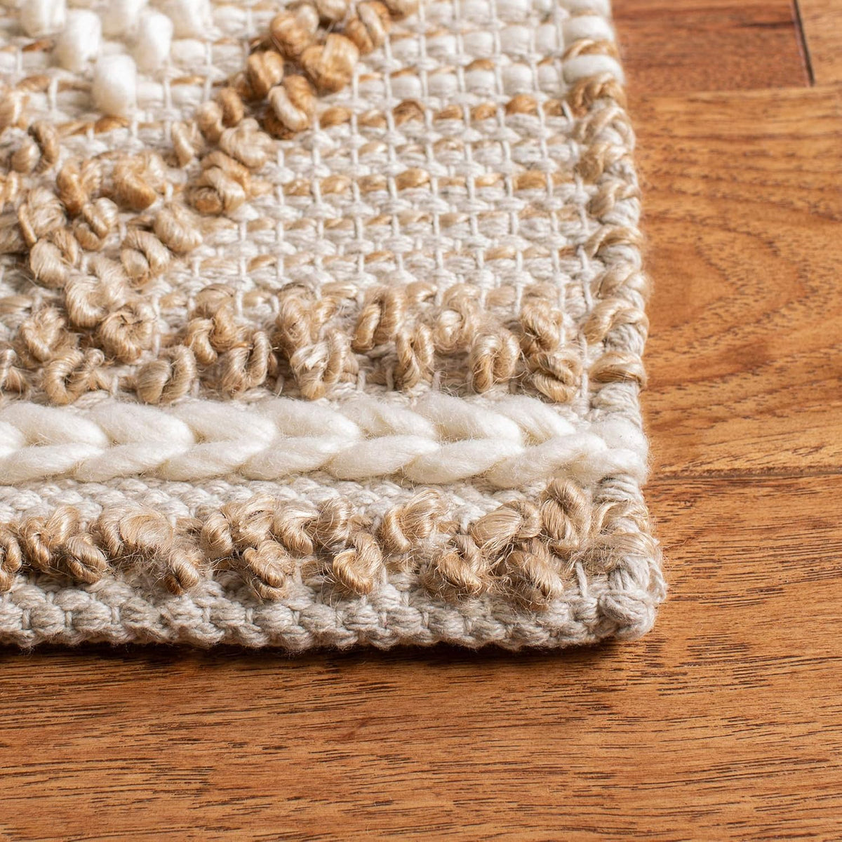 Natural Fiber Collection Area Rug, Beige & Ivory, Handmade Moroccan Boho Tribal Jute & Wool, Ideal for High