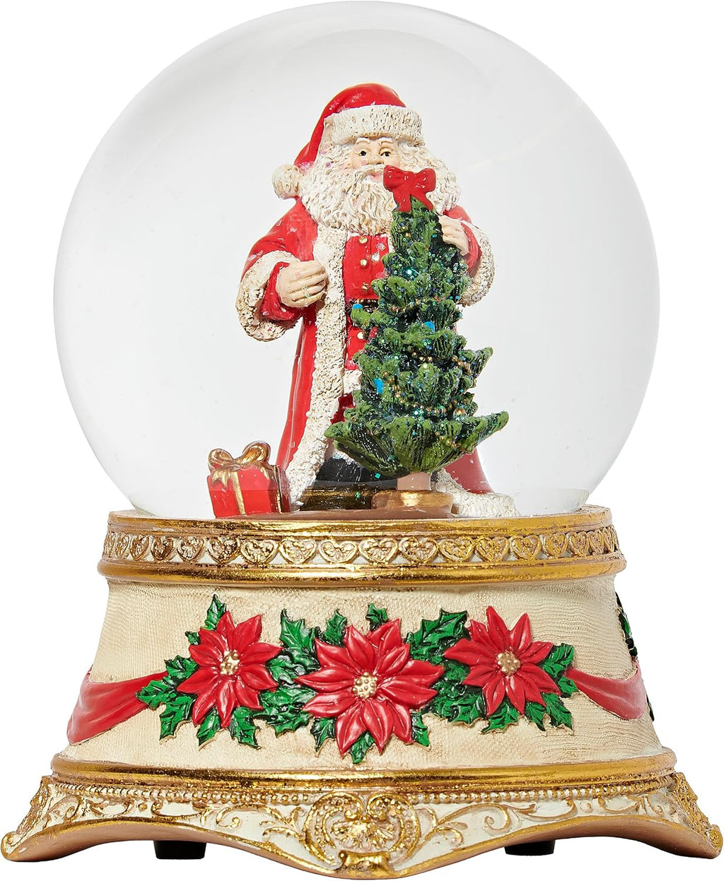 Musical Santa & Tree Glitterdome, 5.75" H, 100MM Water Globe with Poinsettia & Gold Base, Christmas Snow Globe