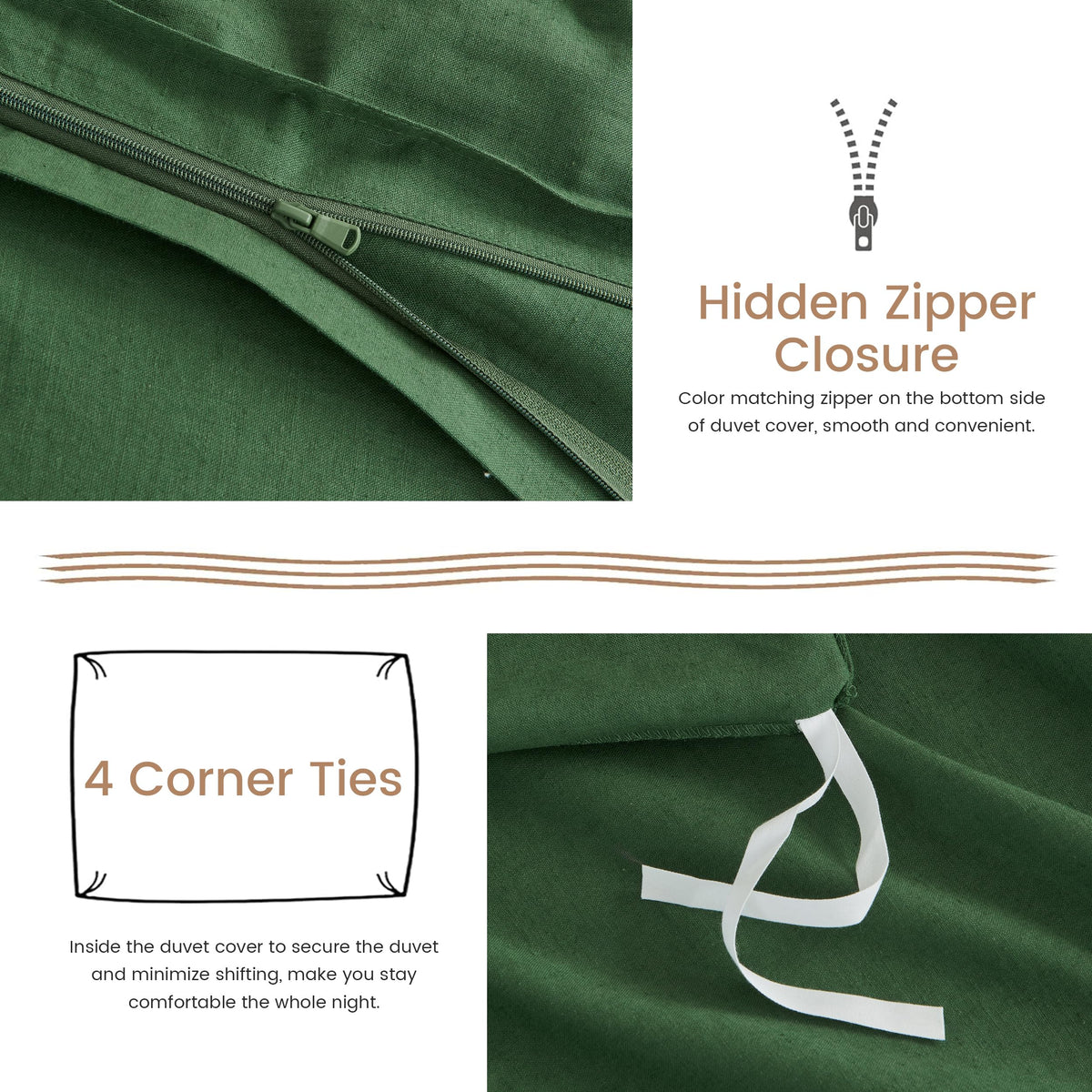 French Linen Duvet Cover Set 3pcs with Hidden Zipper Closure Natural Flax Cotton Blend Solid Color Soft Breathable