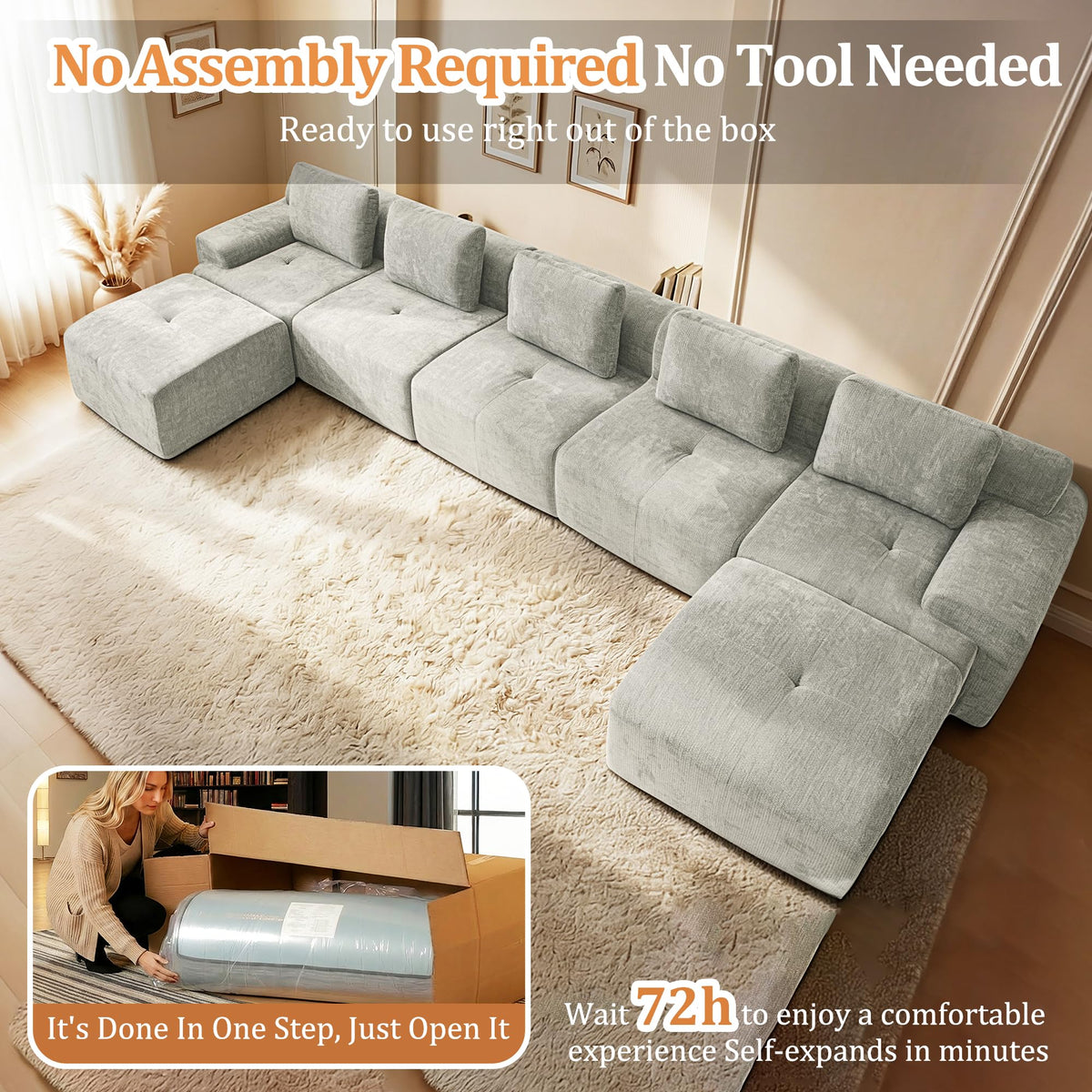 196" U Shaped Oversized Boneless Couch, Comfort Cloud Sectional Couches, Modular Sofa High Back & Extra Deep Seat