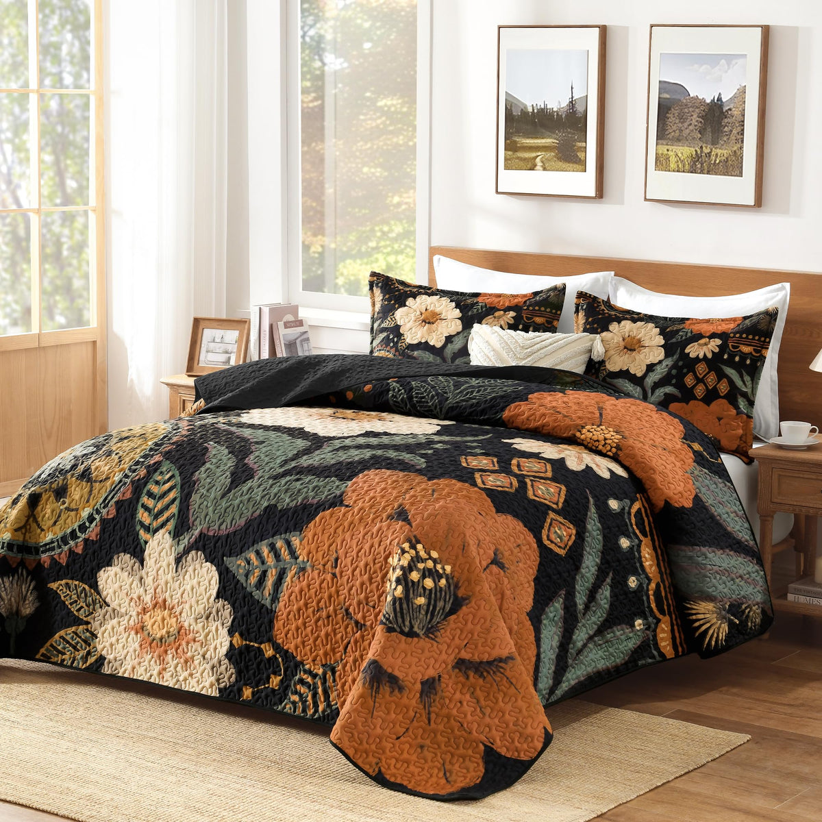 Quilt Queen Size, Black Floral Boho Summer Bedspread 3 Pieces