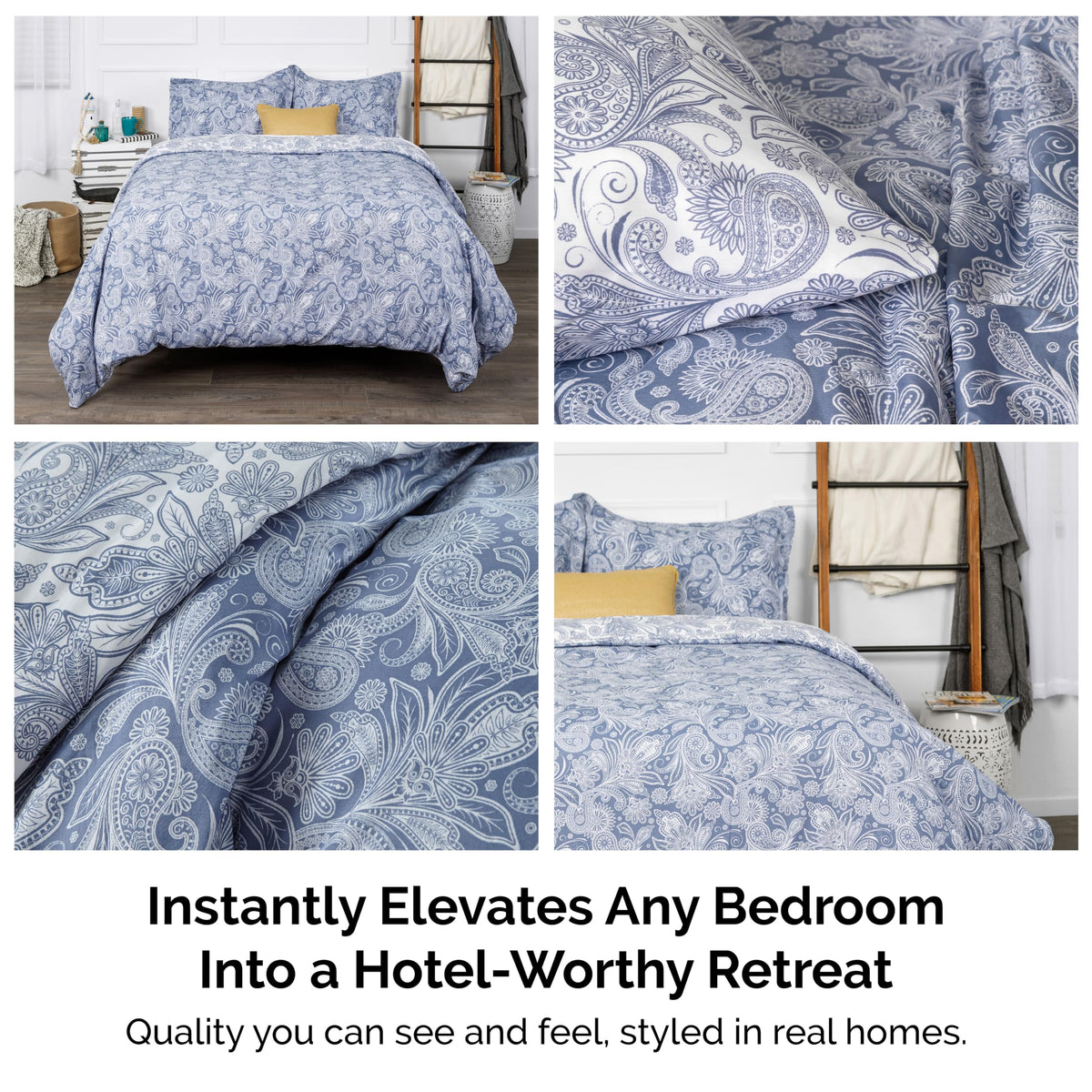 Queen/Full Size Blue Paisley Duvet Cover Set Reversible 98x98 With Zipper