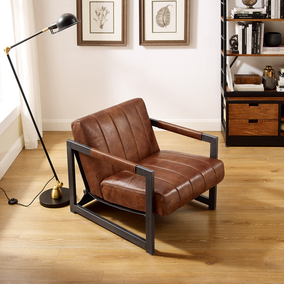 Genuine Leather Accent Chair, Set of 2, Mid Century Modern Arm Chairs, Living Room Sofa Chairs with Black Metal