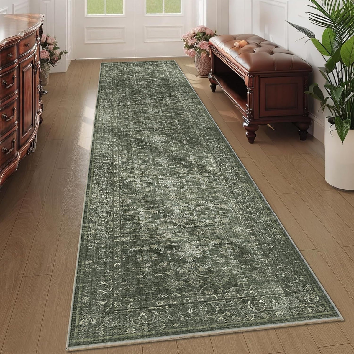 Hallway Washable Runner Rug Vintage Green Boho Extra Long Runners