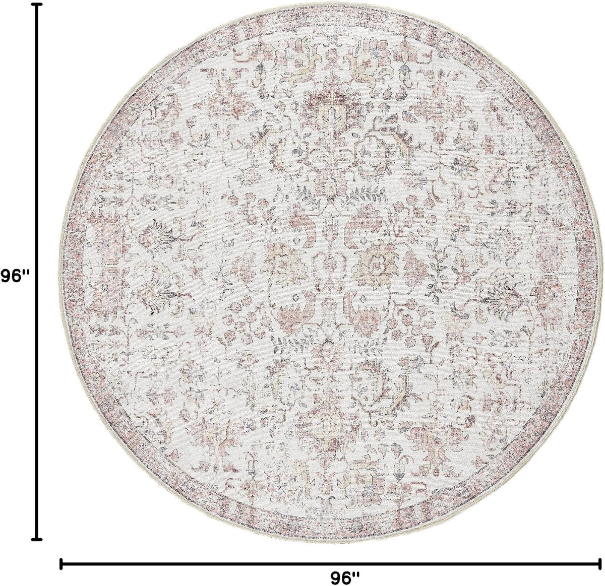 8ft Vintage Floral Round Rug, Circle Washable Rug, Red