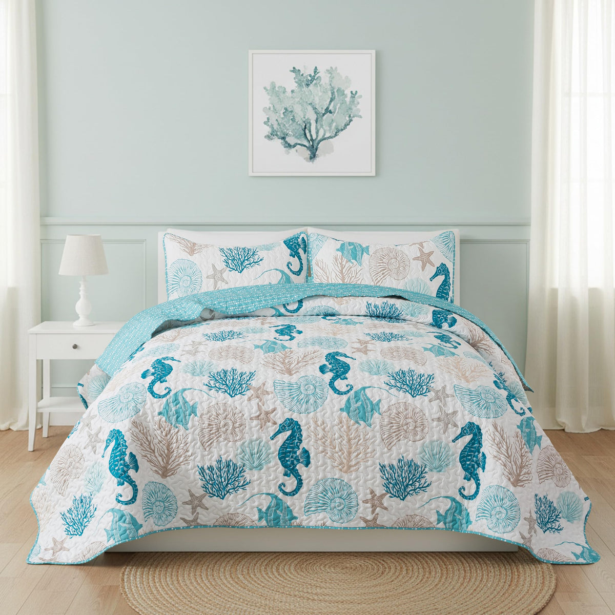 Beach Quilt Set, Coastal Ocean Bedding, with 1 Sham