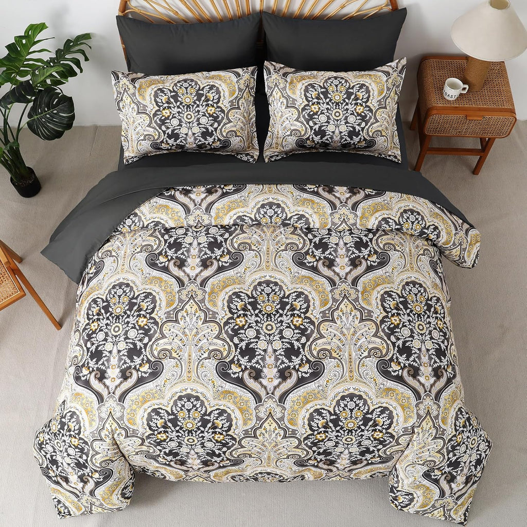 Boho Paisley Comforter Set Queen, 7 Pieces Bed in a Bag, Black and Gold