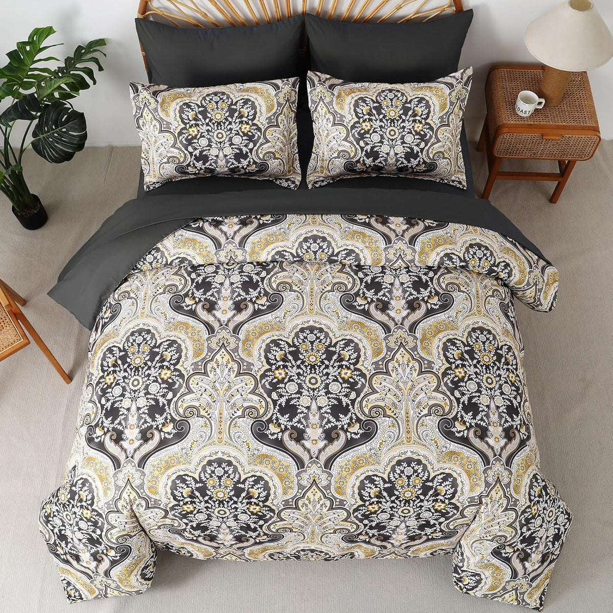 Boho Paisley Comforter Set Queen, 7 Pieces Bed in a Bag, Black and Gold
