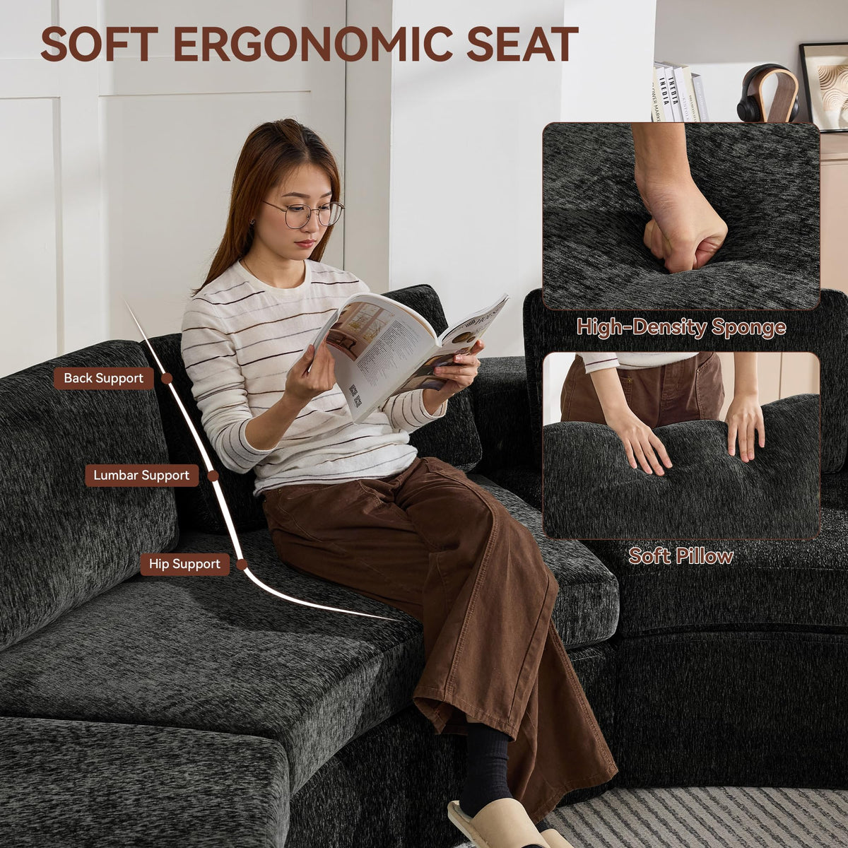 142'' Curved Round Boneless Couch, Oversized Half Moon with Deep Seat & Arms, Chenille Modular Sectional with