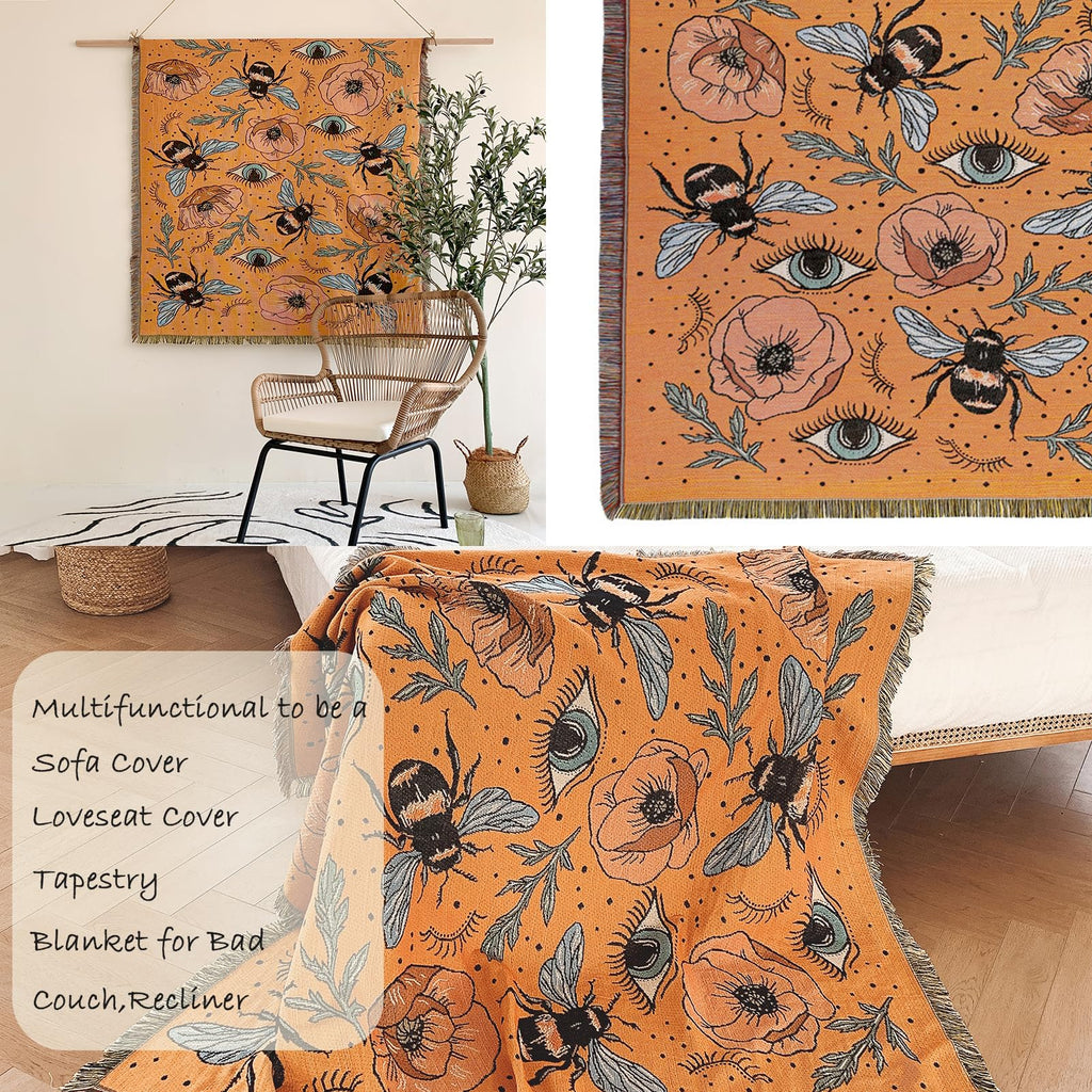 Boho Throw Blanket Reversible Cotton Bohemian Tapestry Hippie Room Decor Double Sided (Boho Bee Yelow 50"x60")