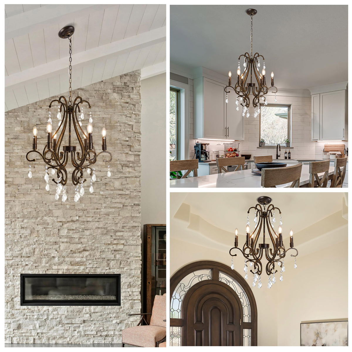 24.8" 6-Light Antique Bronze Crystal Chandelier