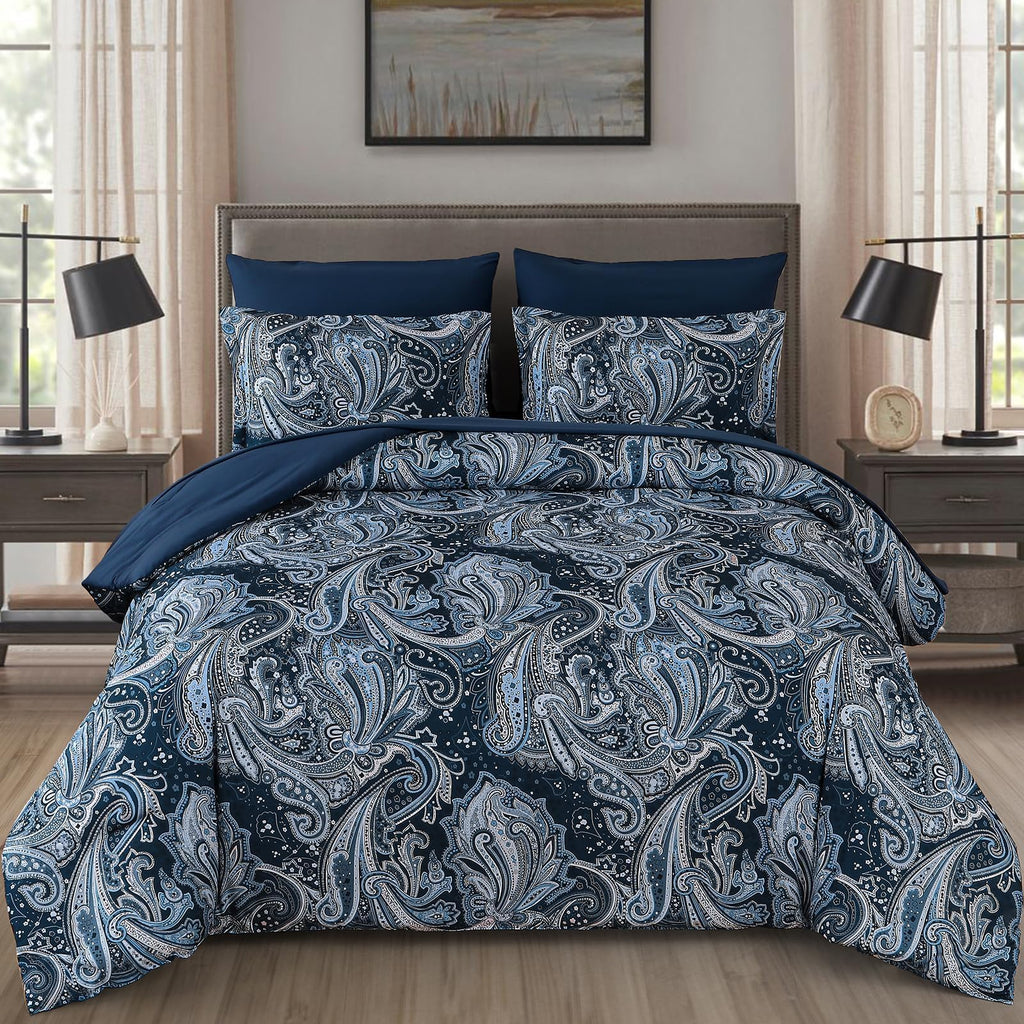 Navy Paisley Comforter Set King Size 7 Piece Bed in a Bag