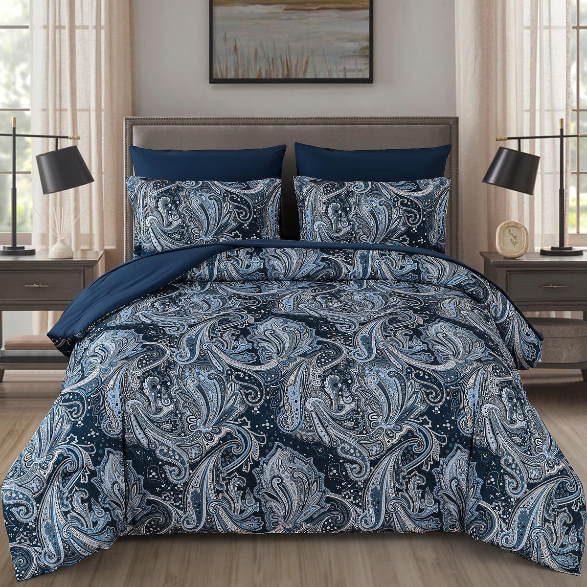 Navy Paisley Comforter Set King Size 7 Piece Bed in a Bag
