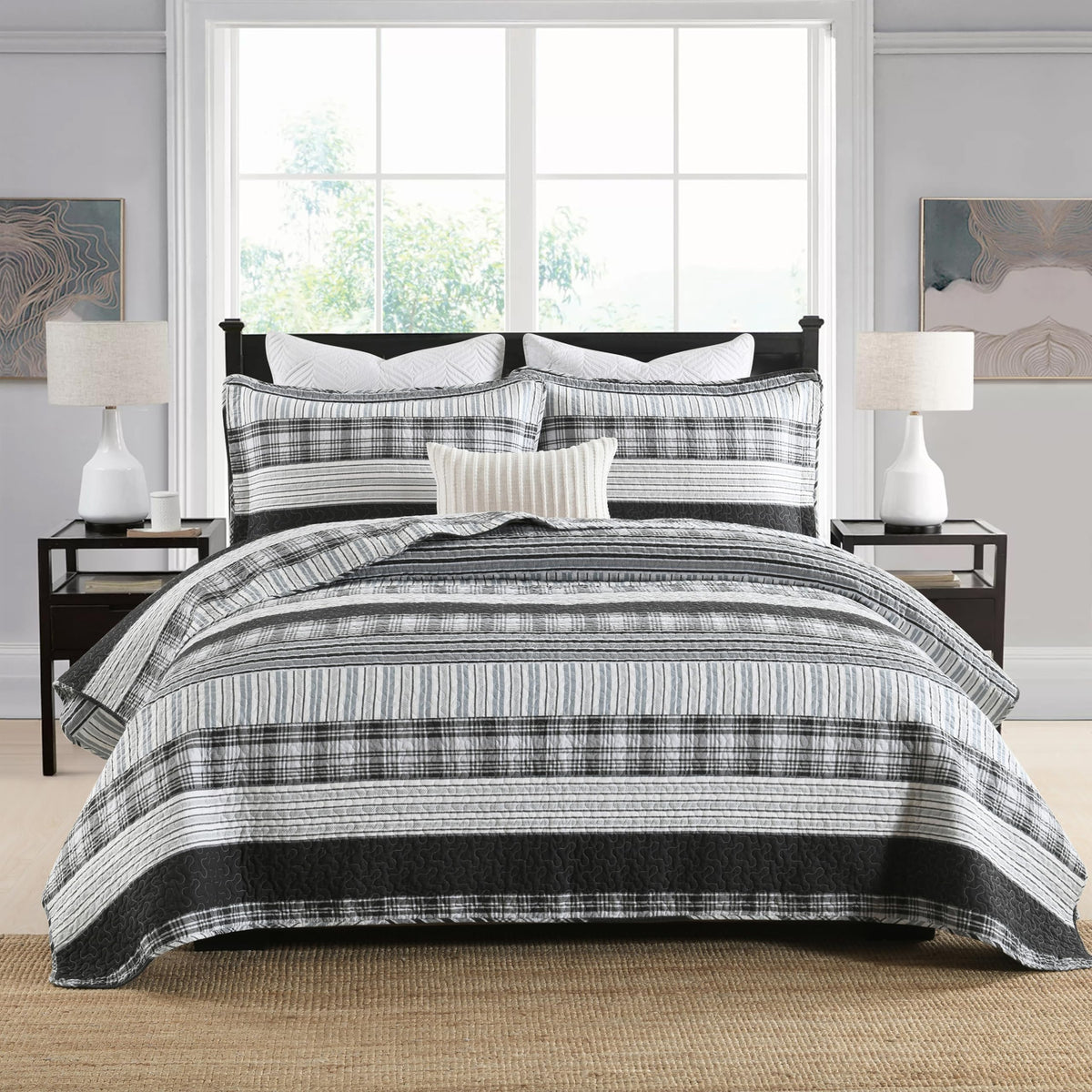 100% Cotton Quilt Set, 118'' x 106'' Oversized Bedspread Set with 2 Pillow Shams, Black Plaid Striped