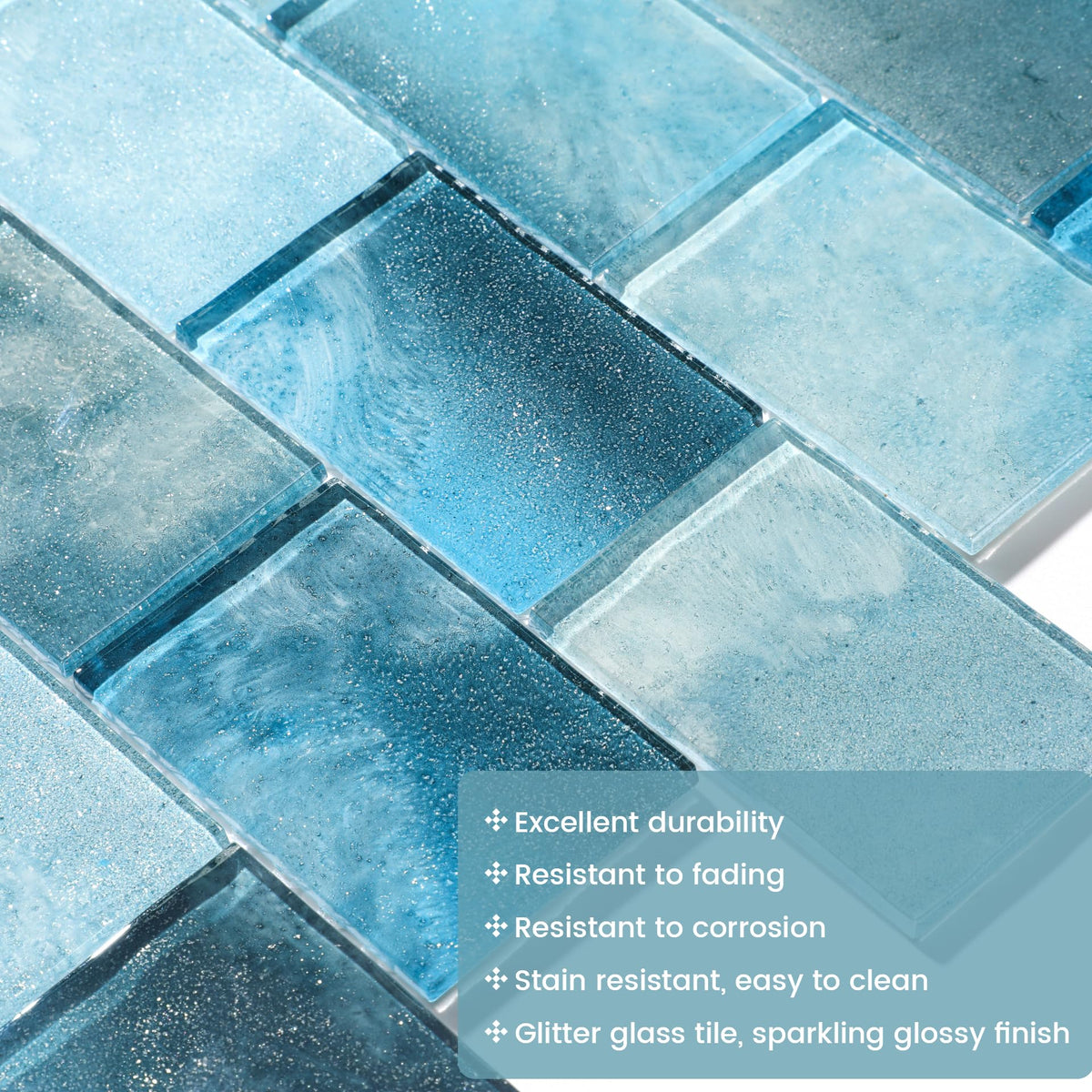 Glass Mosaic Tiles Backsplash, 5-Sheet Subway Backsplash Glass Tiles Bathroom Swimming Pool Shower Wall (Aqua Blue