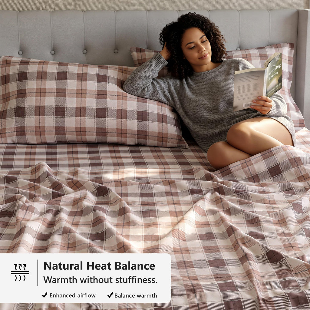 100% Cotton Flannel Sheets, 4 PCs, Beige & Grey Plaid