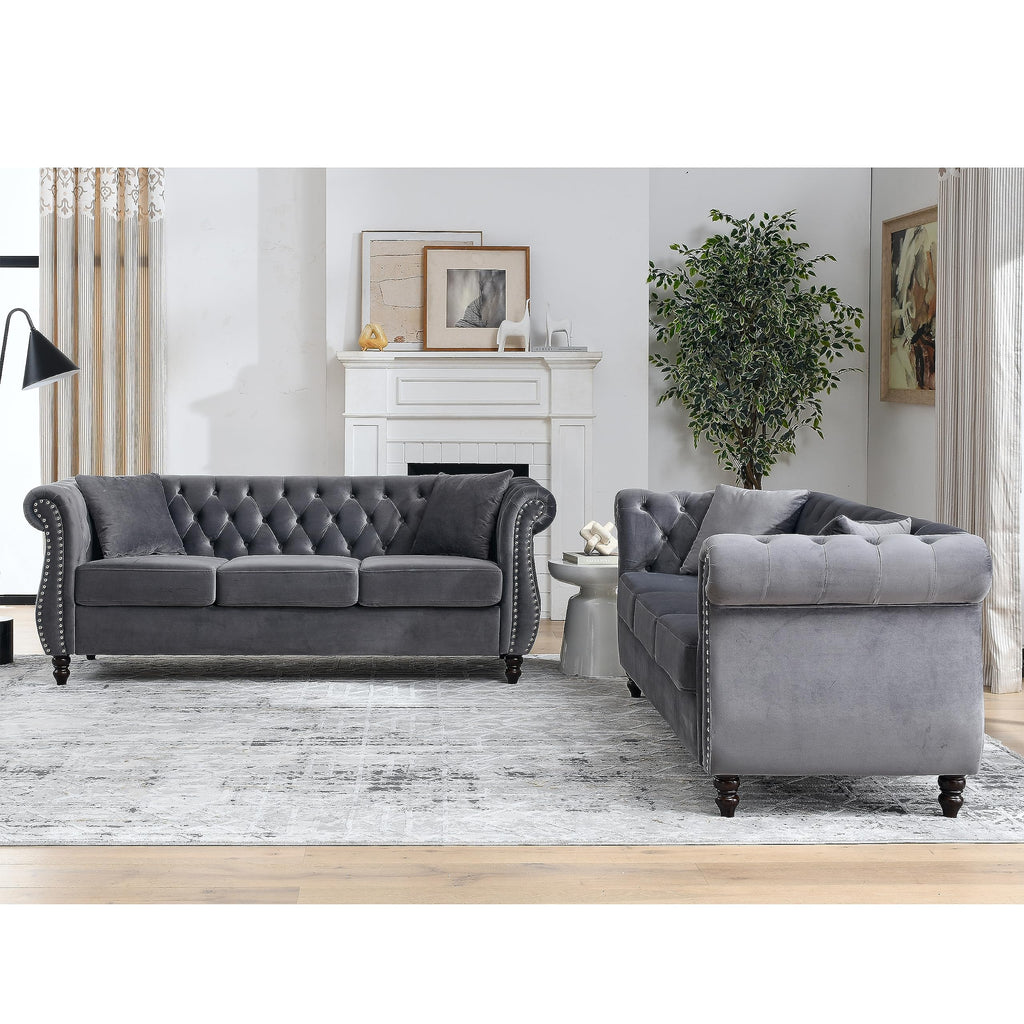 Chesterfield Sofa, Retro Style Upholstered 3+3 Seats Couch with Rolled Arm Bedroom Office, Grey