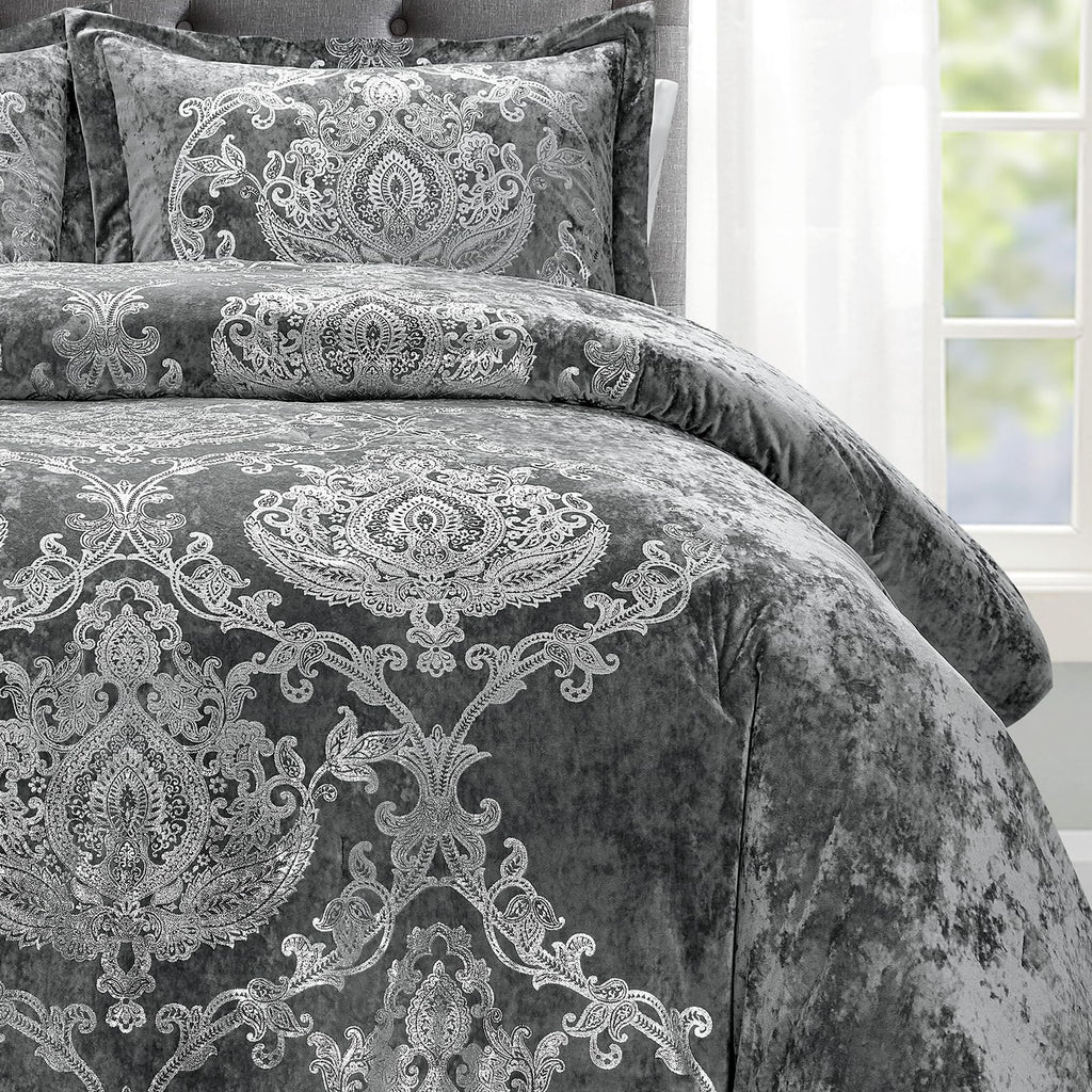 Metallic Print Comforter Set, Distressed Velvet Face with Metallic Foil Print and Brushed Solid Microfiber Reverse