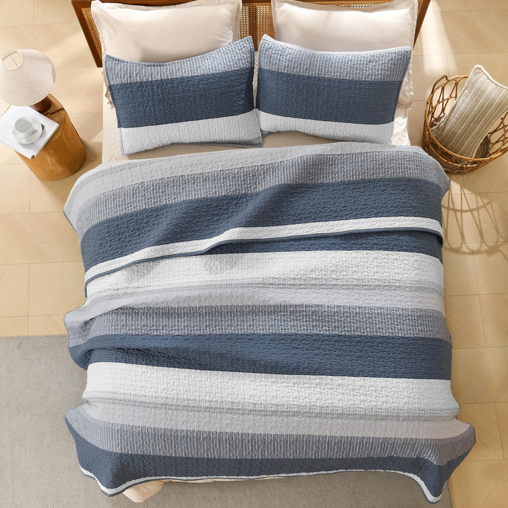 Super Quilt, 3 Pcs Navy Blue Stripe Bedding Set
