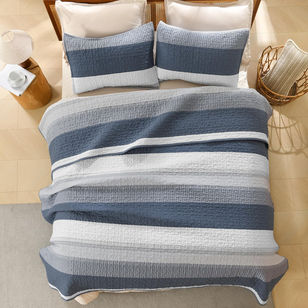 Super Quilt, 3 Pcs Navy Blue Stripe Bedding Set