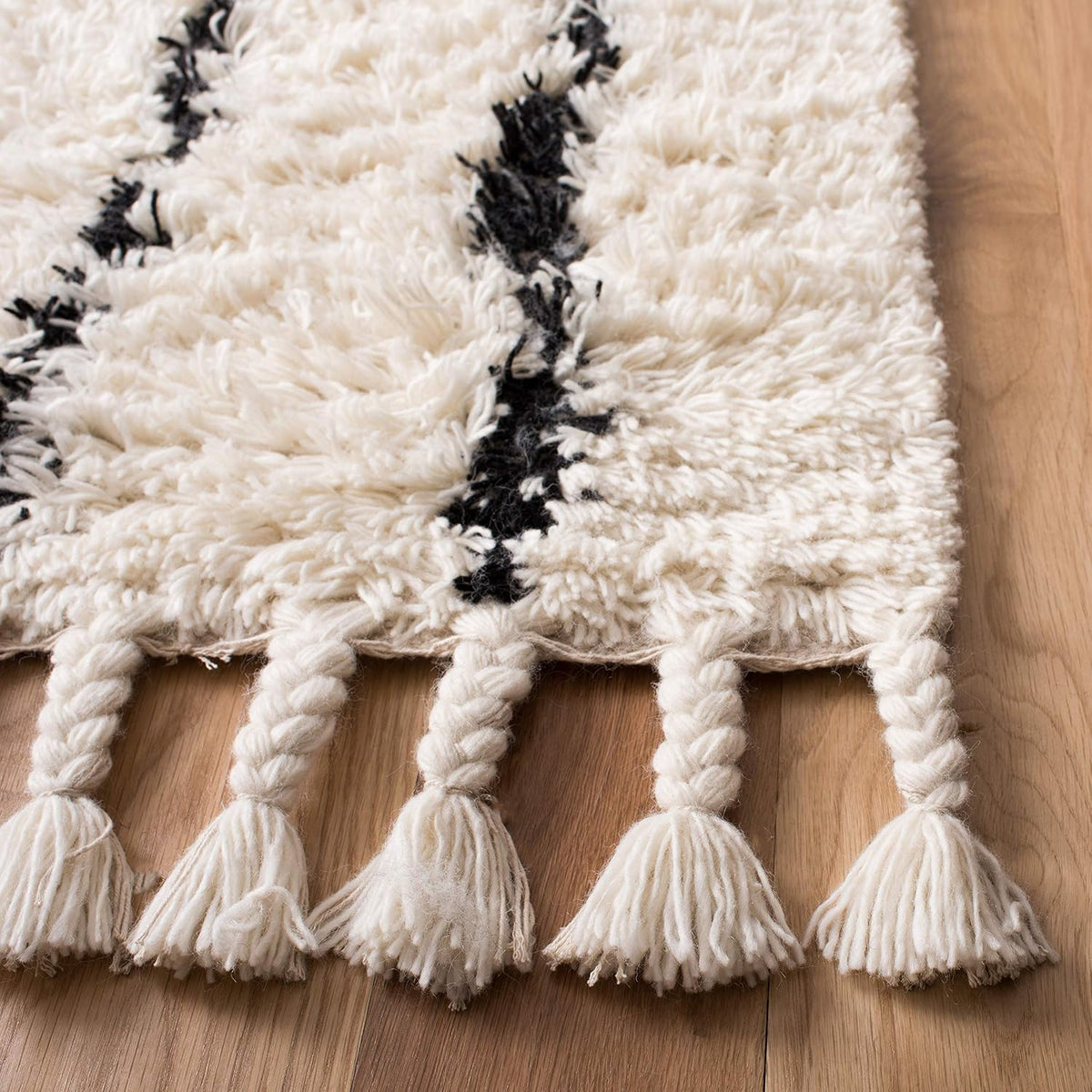Casablanca Collection Area Rug, Black & Ivory, Handmade Moroccan Boho Tassel Wool, 1.4-inch Thick Ideal for
