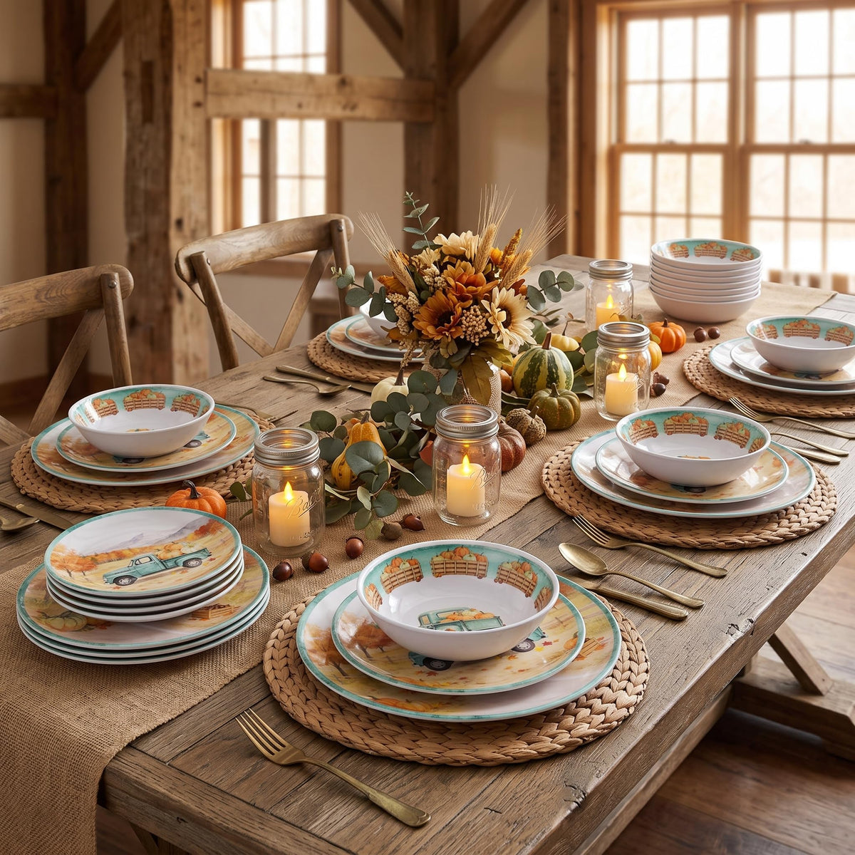 12pcs Fall Melamine Dinnerware Set, Green pickup truck Plates Bowls