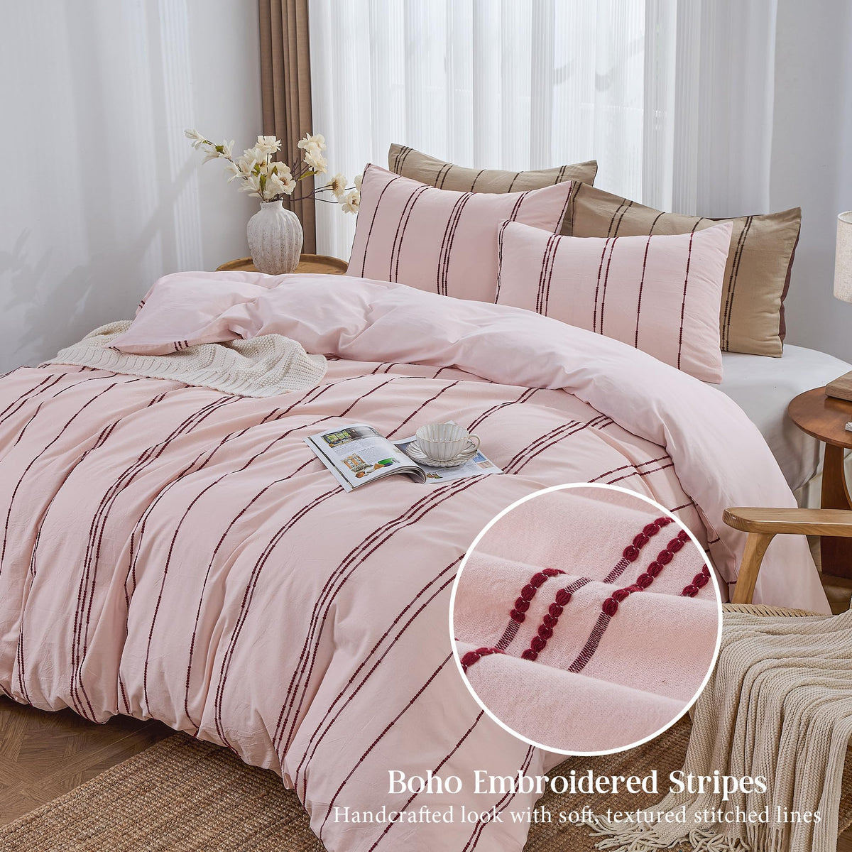100% Cotton Striped Duvet Cover Set, 3Pcs Boho Linen-Like Textured Comforter Cover with Embroidered