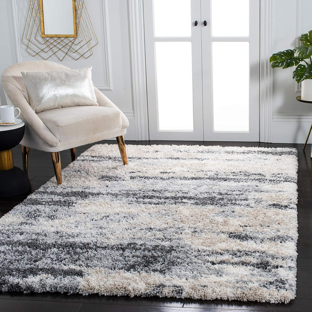 Fontana Shag Collection Area Rug - 6'7" Square, Grey & Ivory, Non-Shedding & Easy to Clean, Plush Thick Pile, Ideal