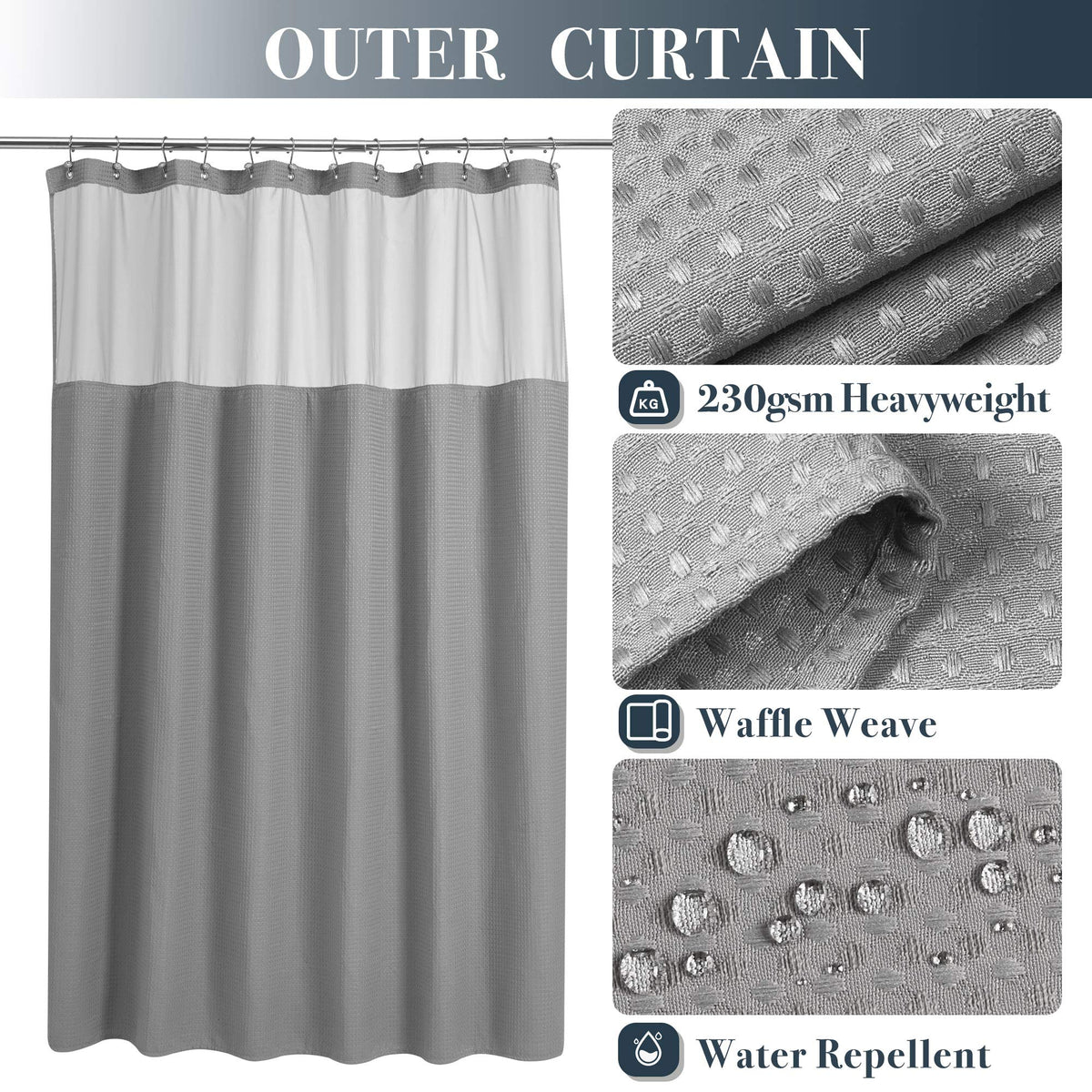 Waffle Weave Shower Curtain with Snap-in Liner Set Gray, 71x72