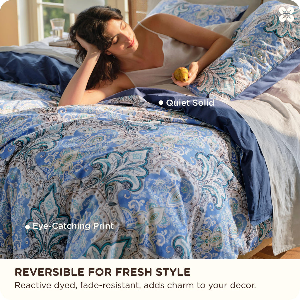 PureWoven 100% Cotton Floral Duvet Cover Set, King, Blue Paisley