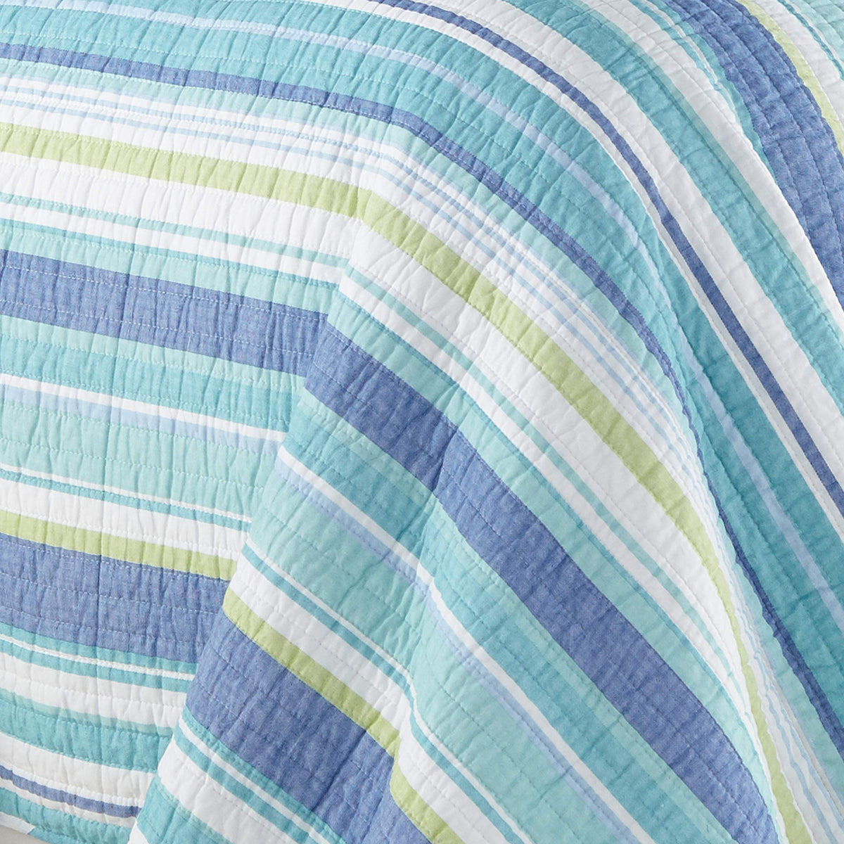 Laida Beach Quilt Set - Quilt + Two Standard Pillow Shams - Coastal Stripe - Green, Blue, White - Quilt