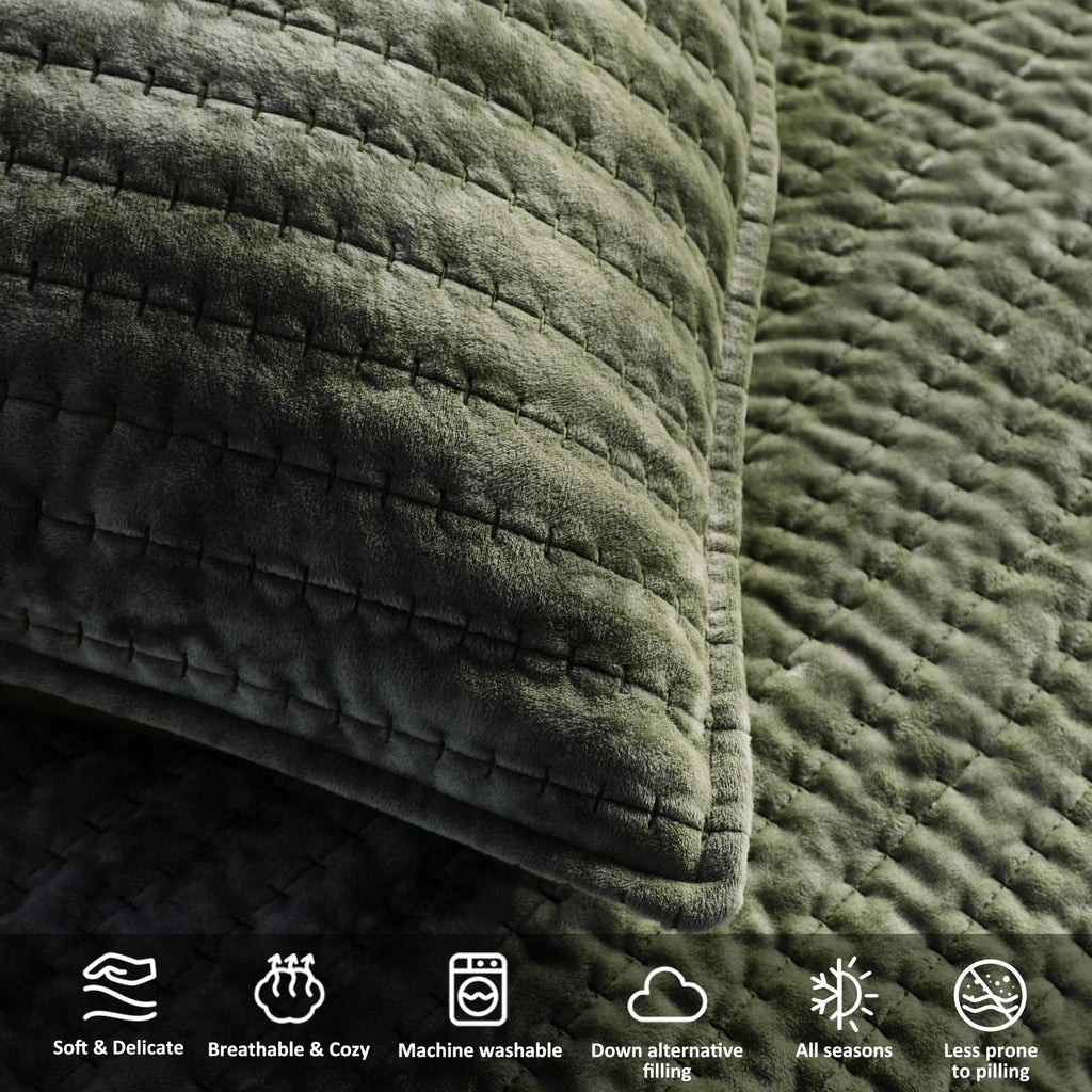 Velvet California Oversized Quilt Set - Olive Green Striped Pick Stitch Soft Lightweight Bedspread