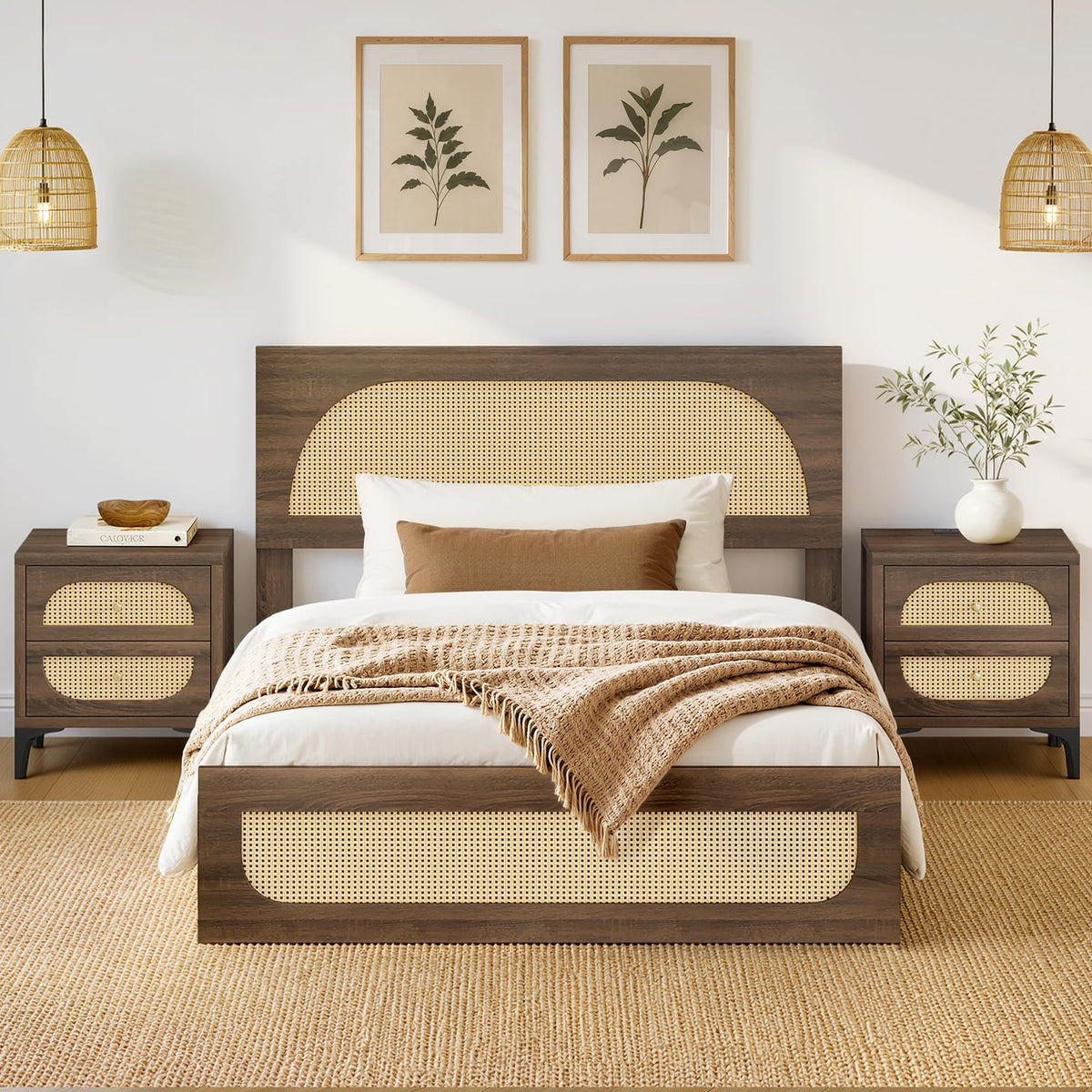 Boho Rattan Bed Frame, Farmhouse Platform, Walnut