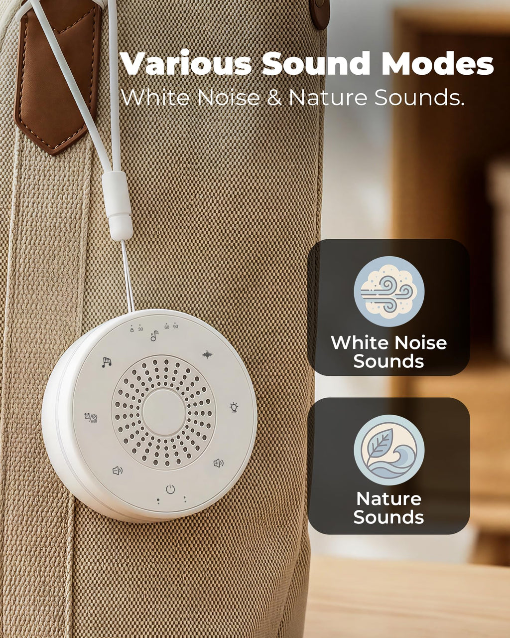 White Noise Sound Machine for Sleep, Portable White Noise Sound Machine with 30 Sounds, 3 Timers, Night Light, Memory