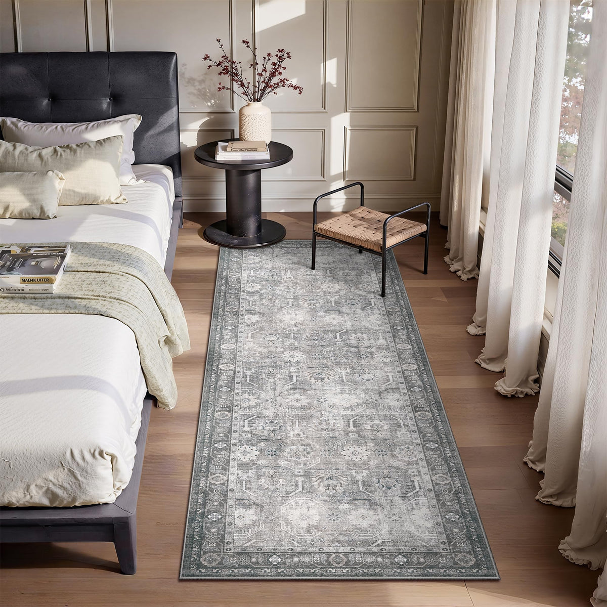 Runner Rug, Washable Non Slip Low Pile Kitchen Runner, Soft Boho Modern Rug s, Bedroom, Distressed Grey