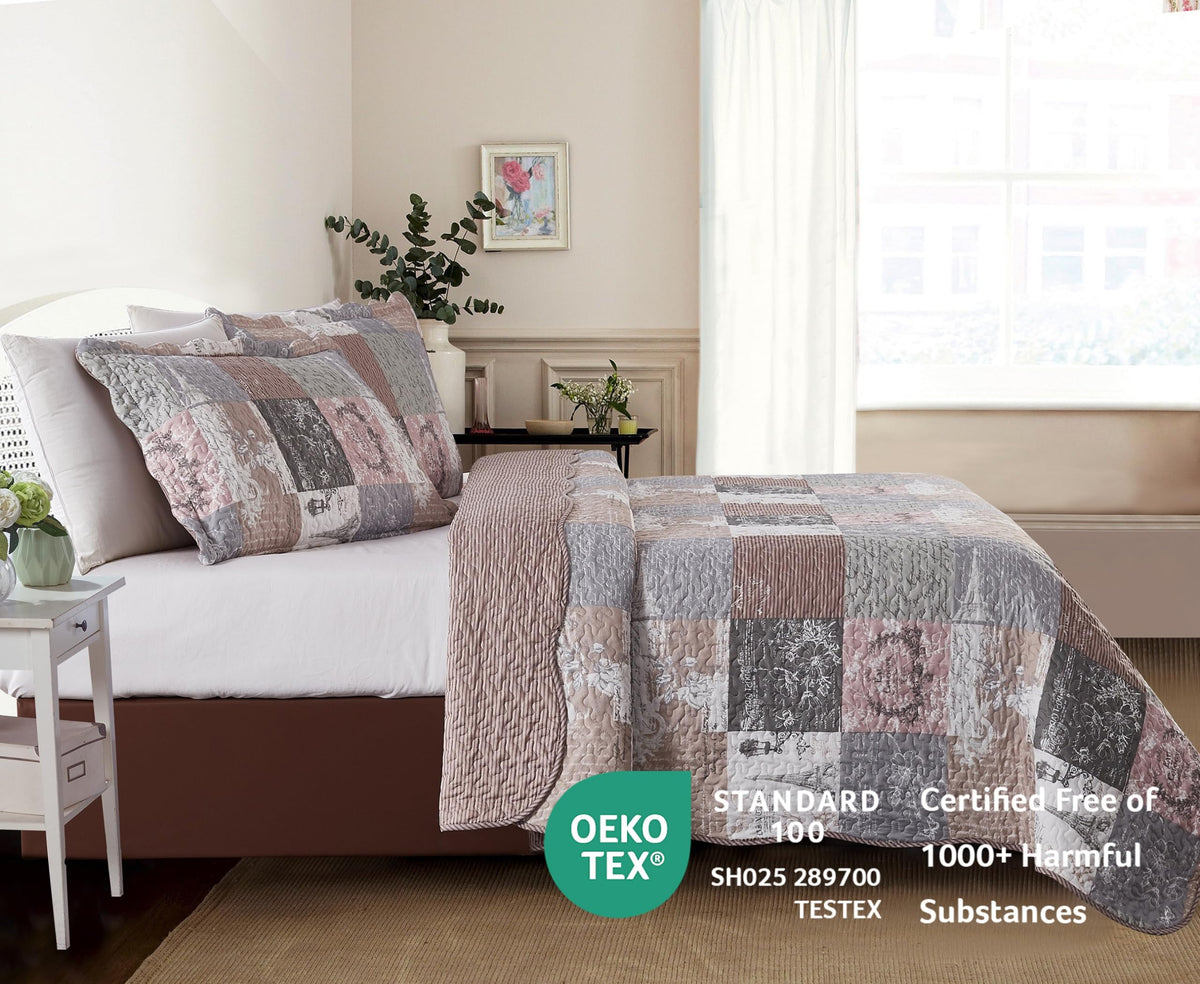 Latte Grey Paris & Toile Floral Patchwork Quilt Set